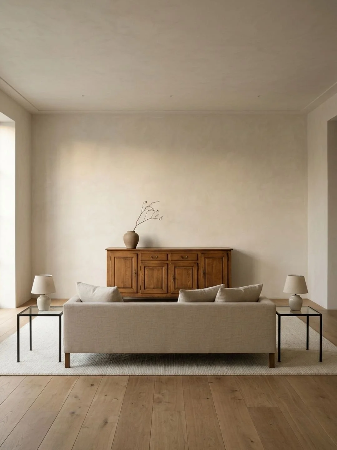 A living room with a couch, two side tables and a sideboards