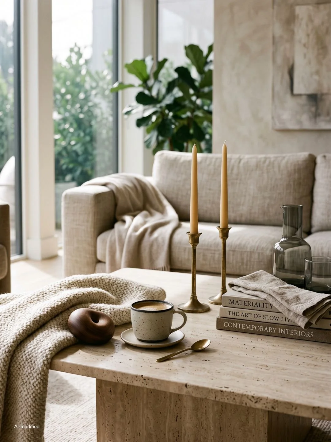 cozy neutral living room with textiles for fall