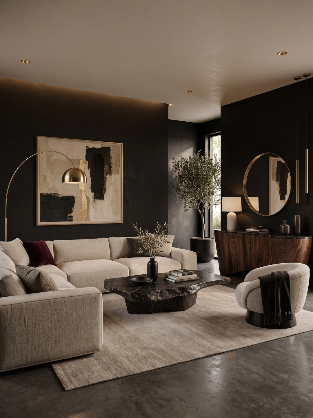 Black accent wall luxury living room