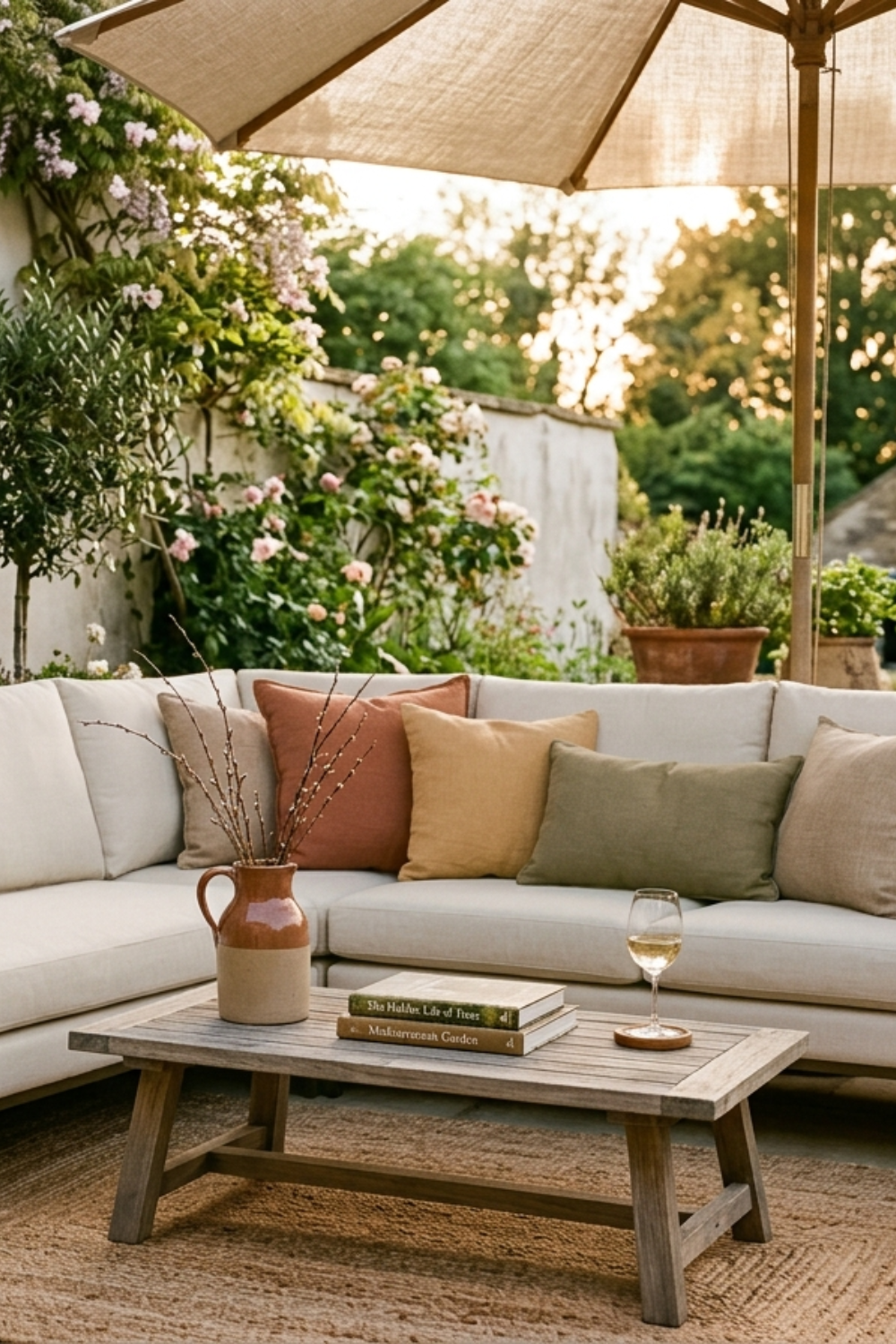 B beautiful terrace with cream sofa, cozy styling and lush greenery