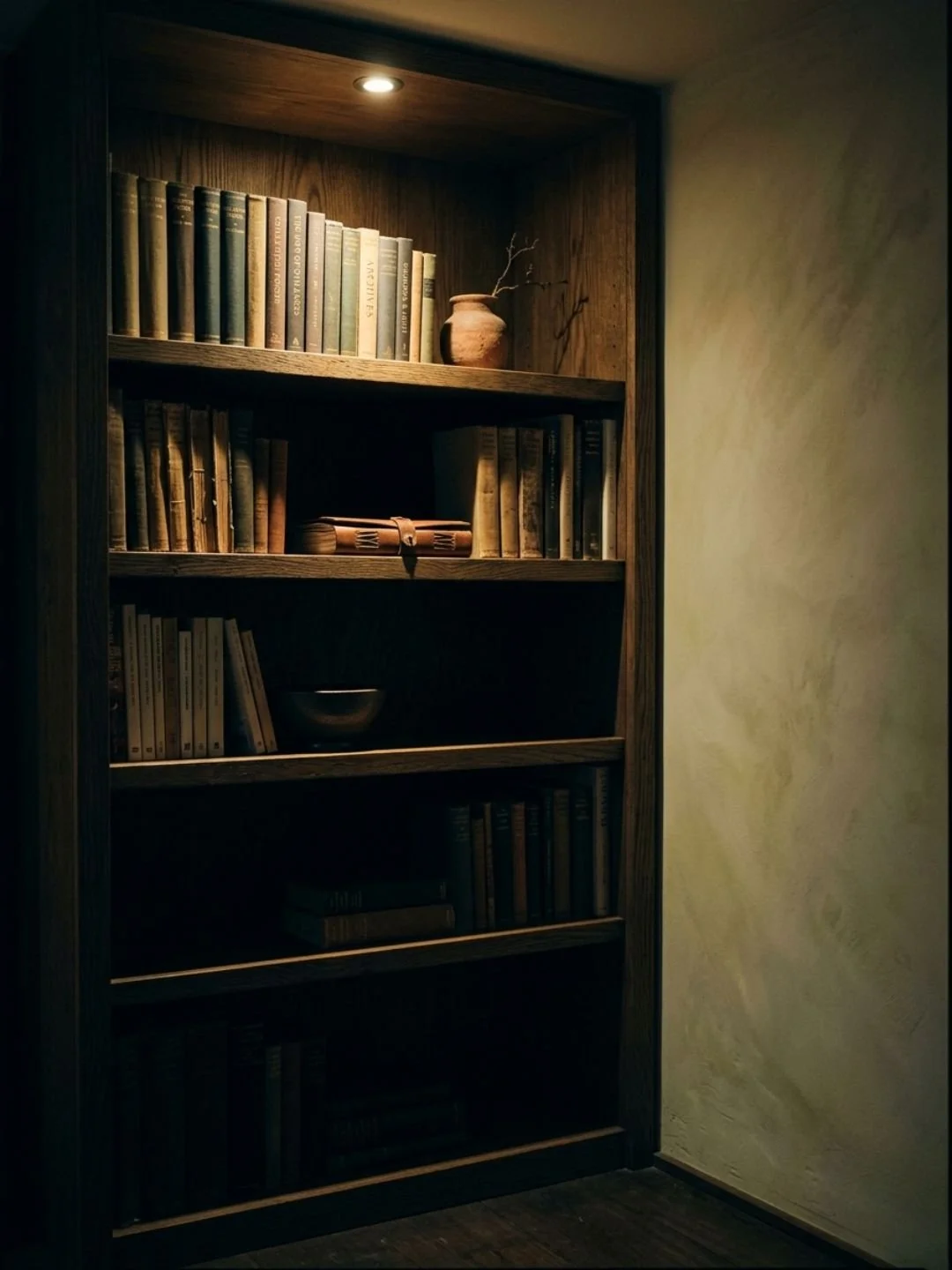 book shelf lit from the top with a small lamp