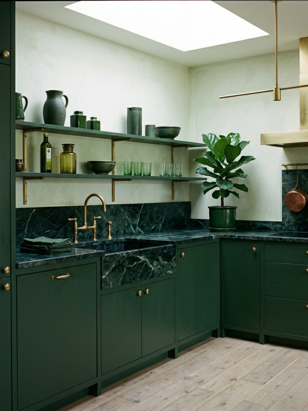 dark moss green kitchen with matching decor