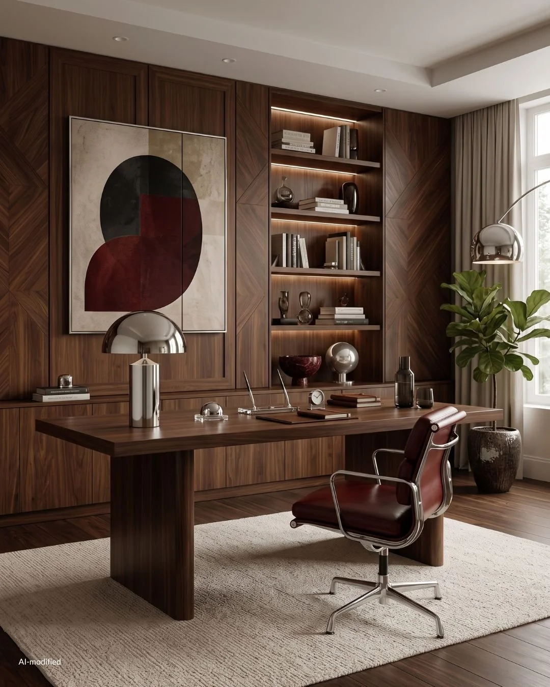 home office mcm style with walnut chrome and dark red