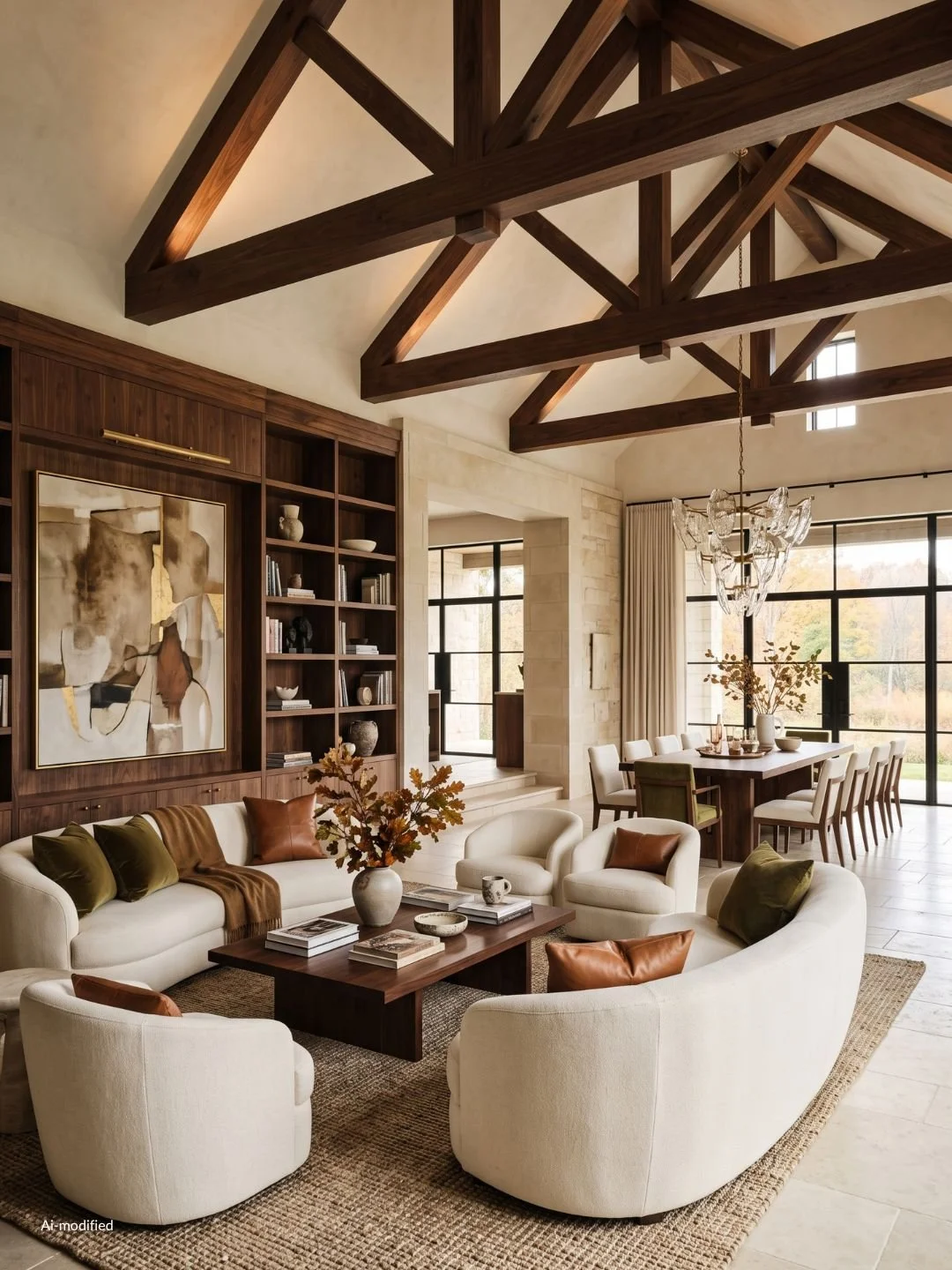 neutral open space living room with fall color textiles