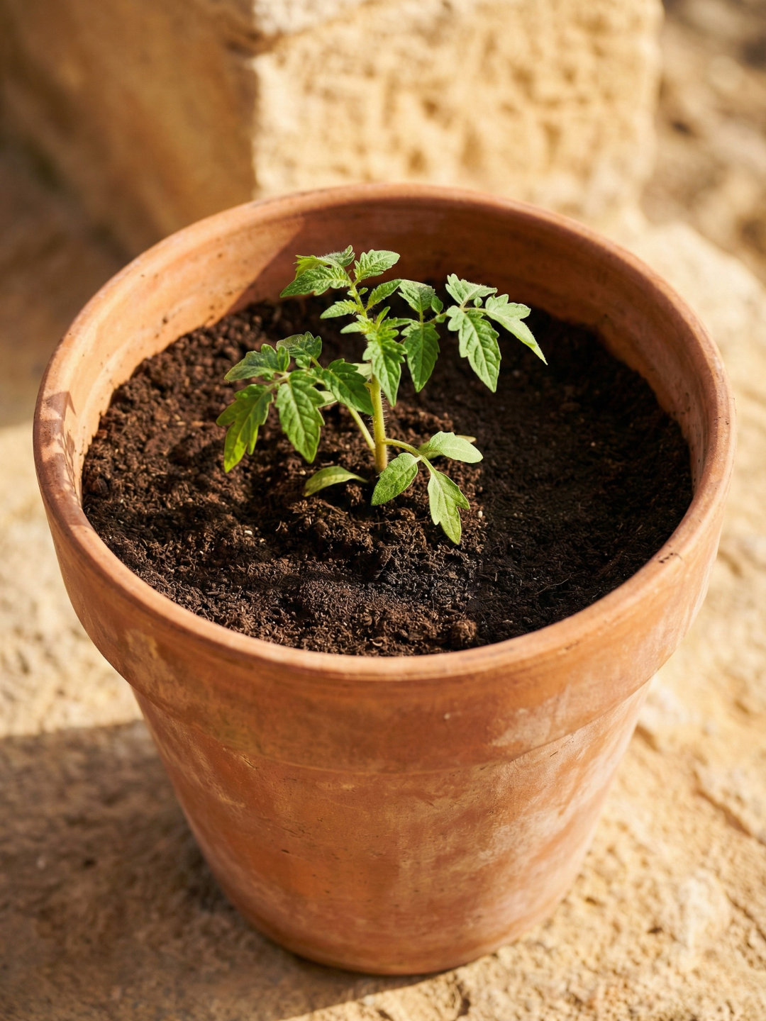 Small pots with a tomato plant
