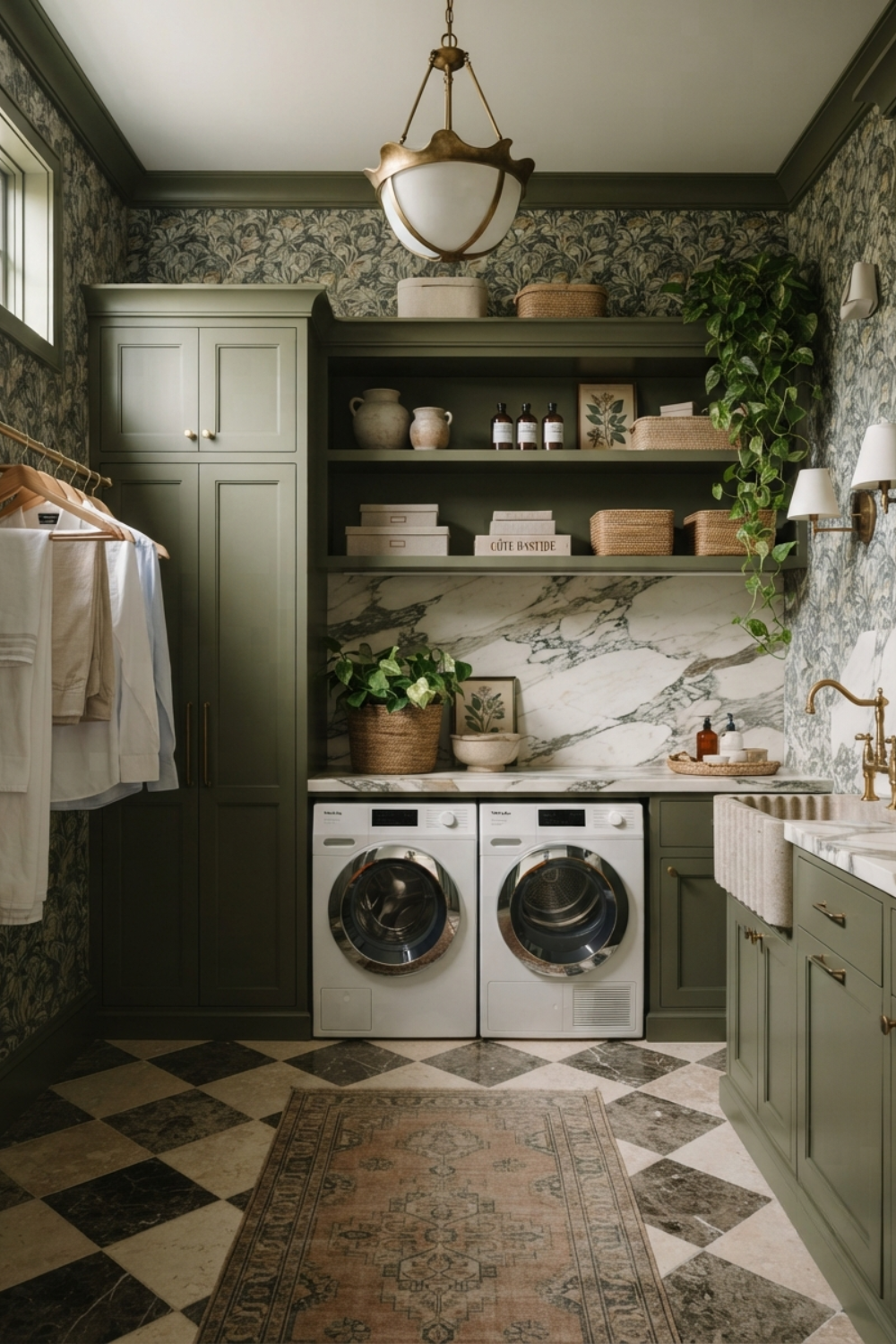 Laundry Room in Olive Green with marble Accent