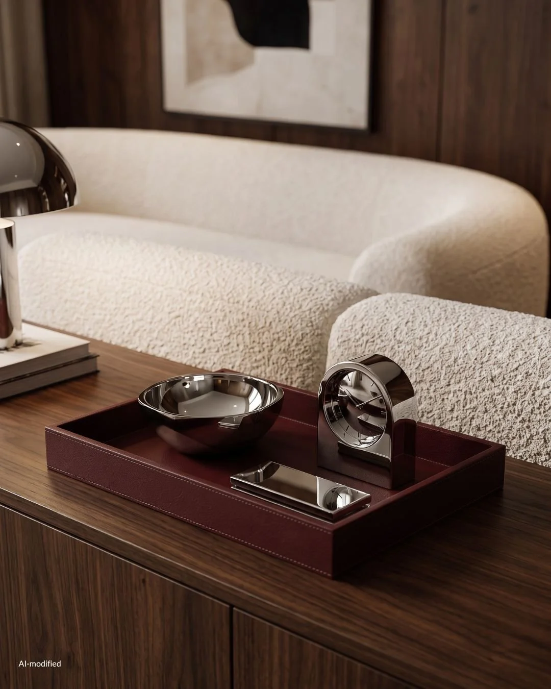 Walnut Sideboard with red leather tablet showing chrome decor accents