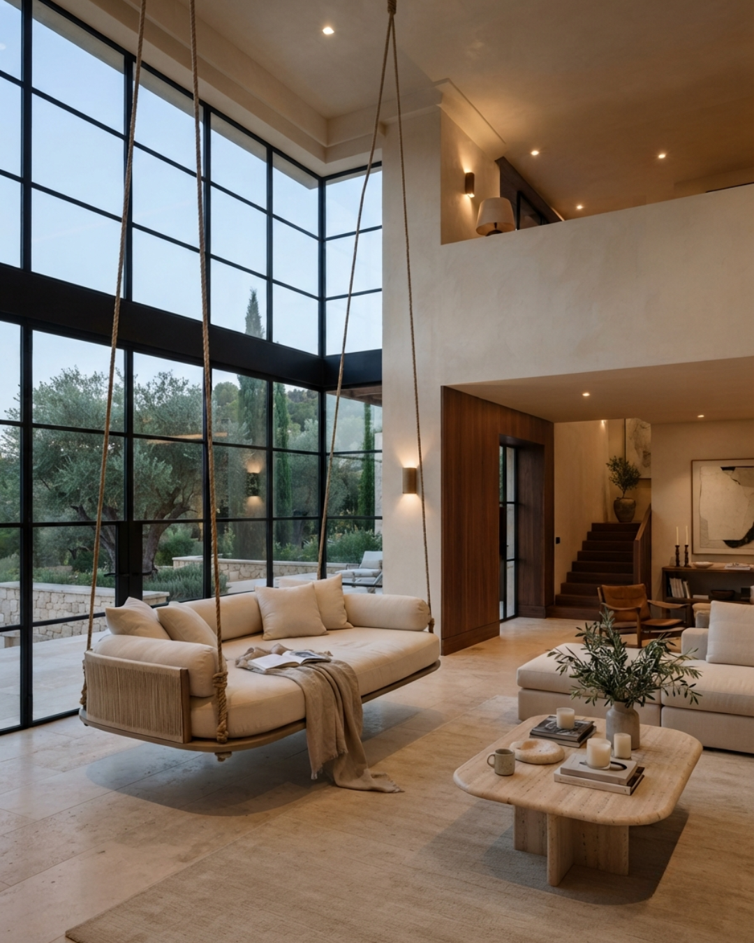 living room space with large indoor swing bed