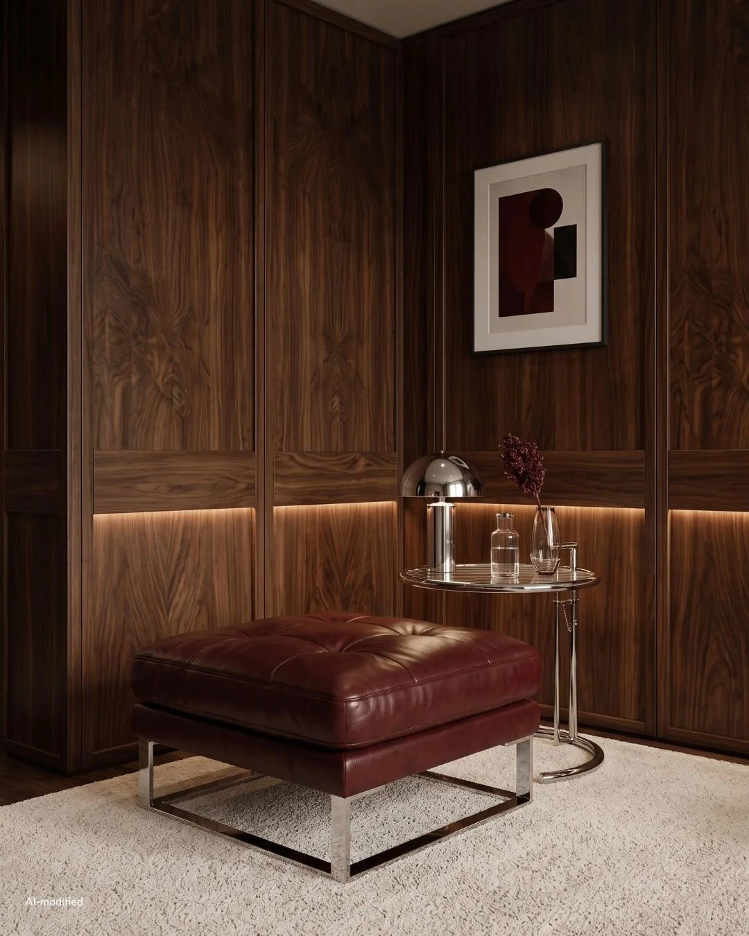 read leather seating spot next to chrome decor in front of walnut wall