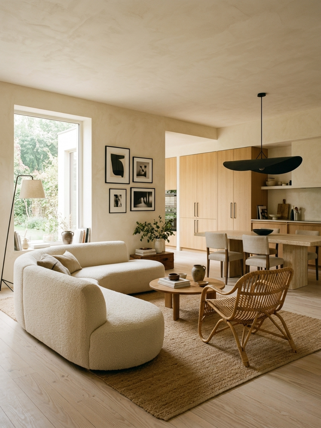 modern living room with beige plaster walls and a stone dining table as focal point in the open space