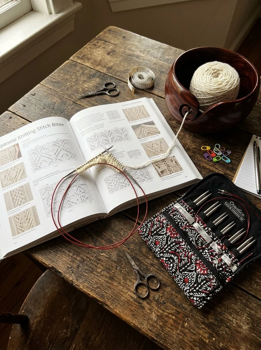 Gift Ideas for Knitters Interchangeable Needle Set and Japanese Knit Stitch Book arranged on table