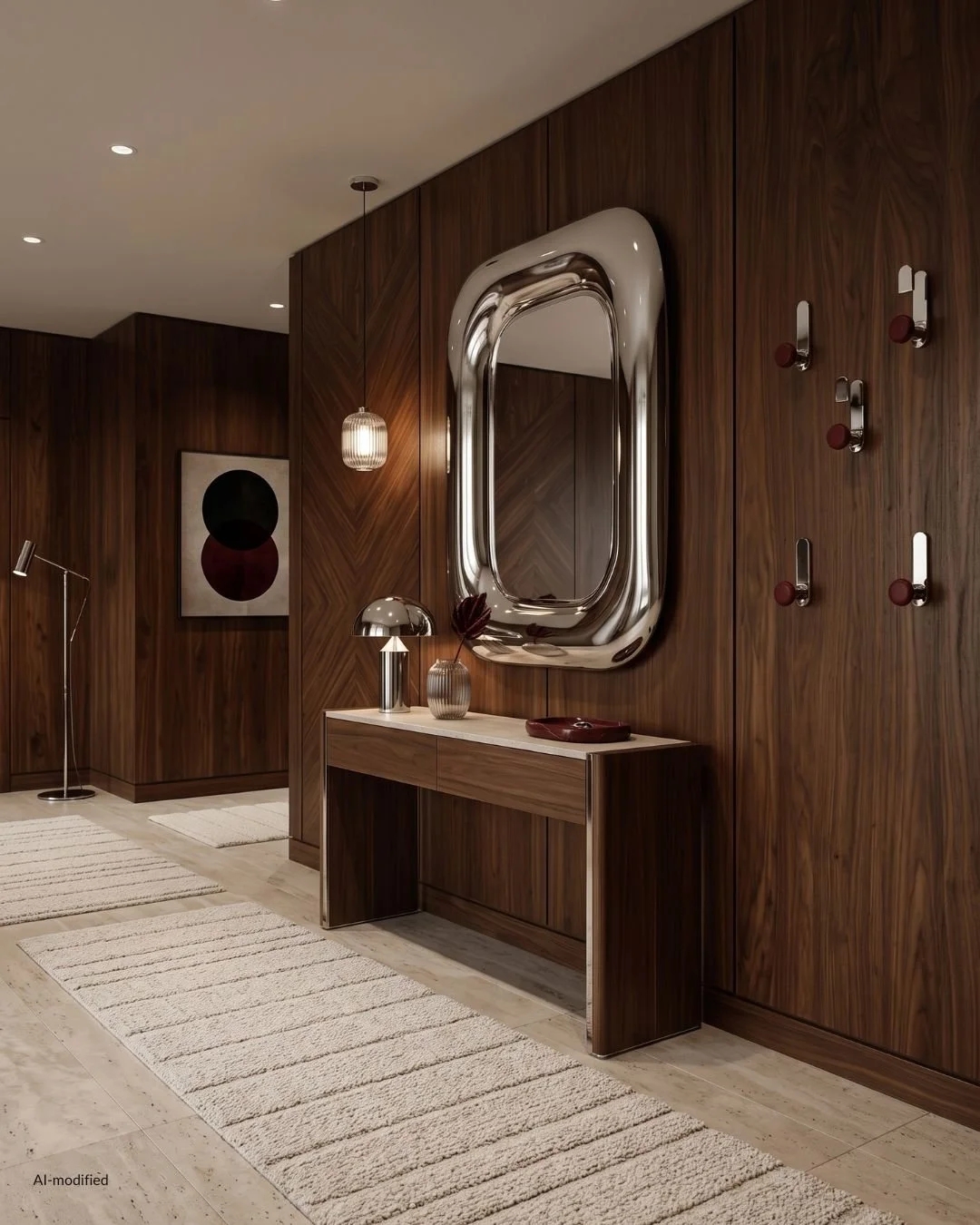 walnut hallway with chrome and dark red accents