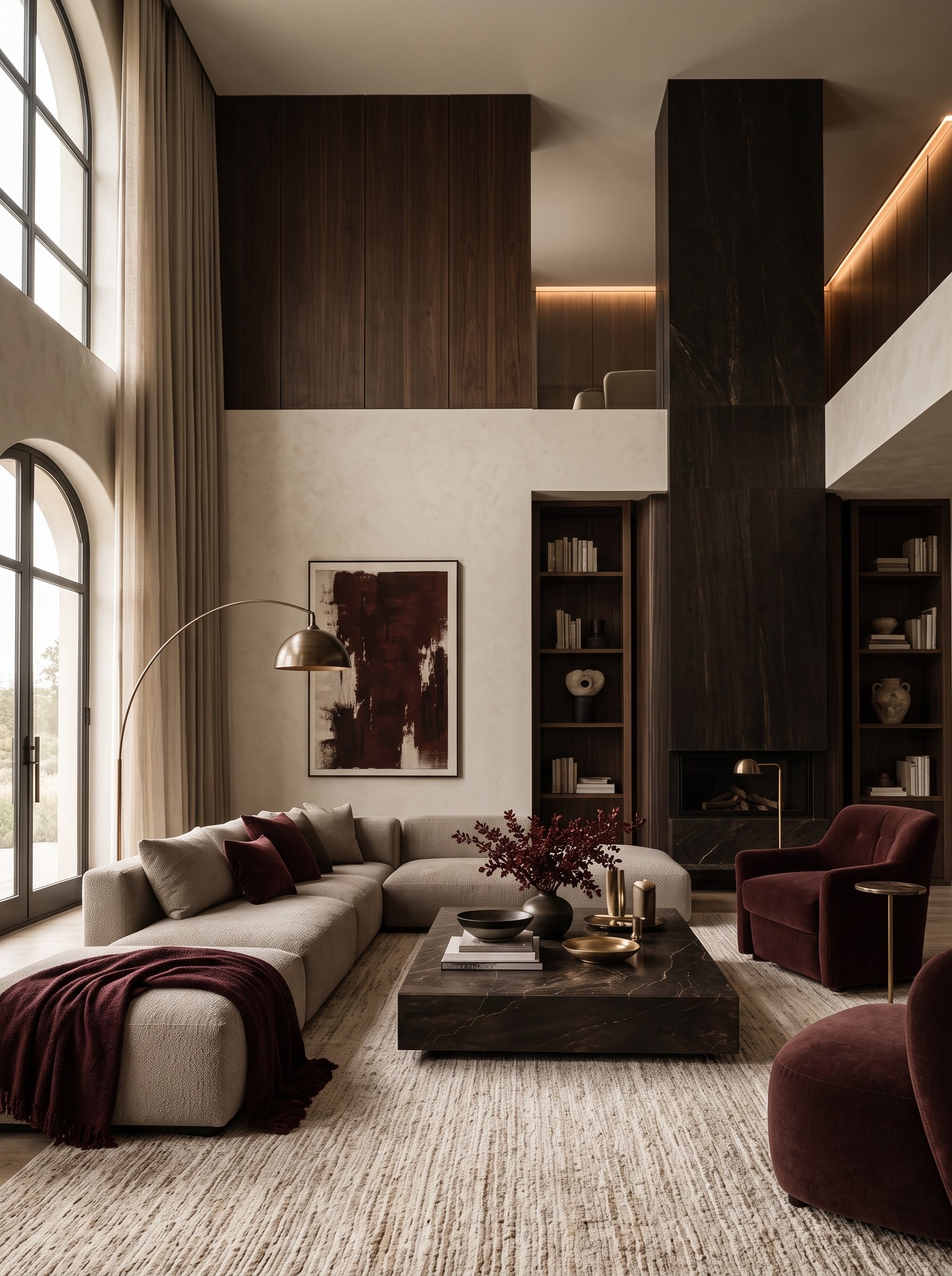 Elegant Luxury Living Room in Walnut and Cream with deep burgundy accents
