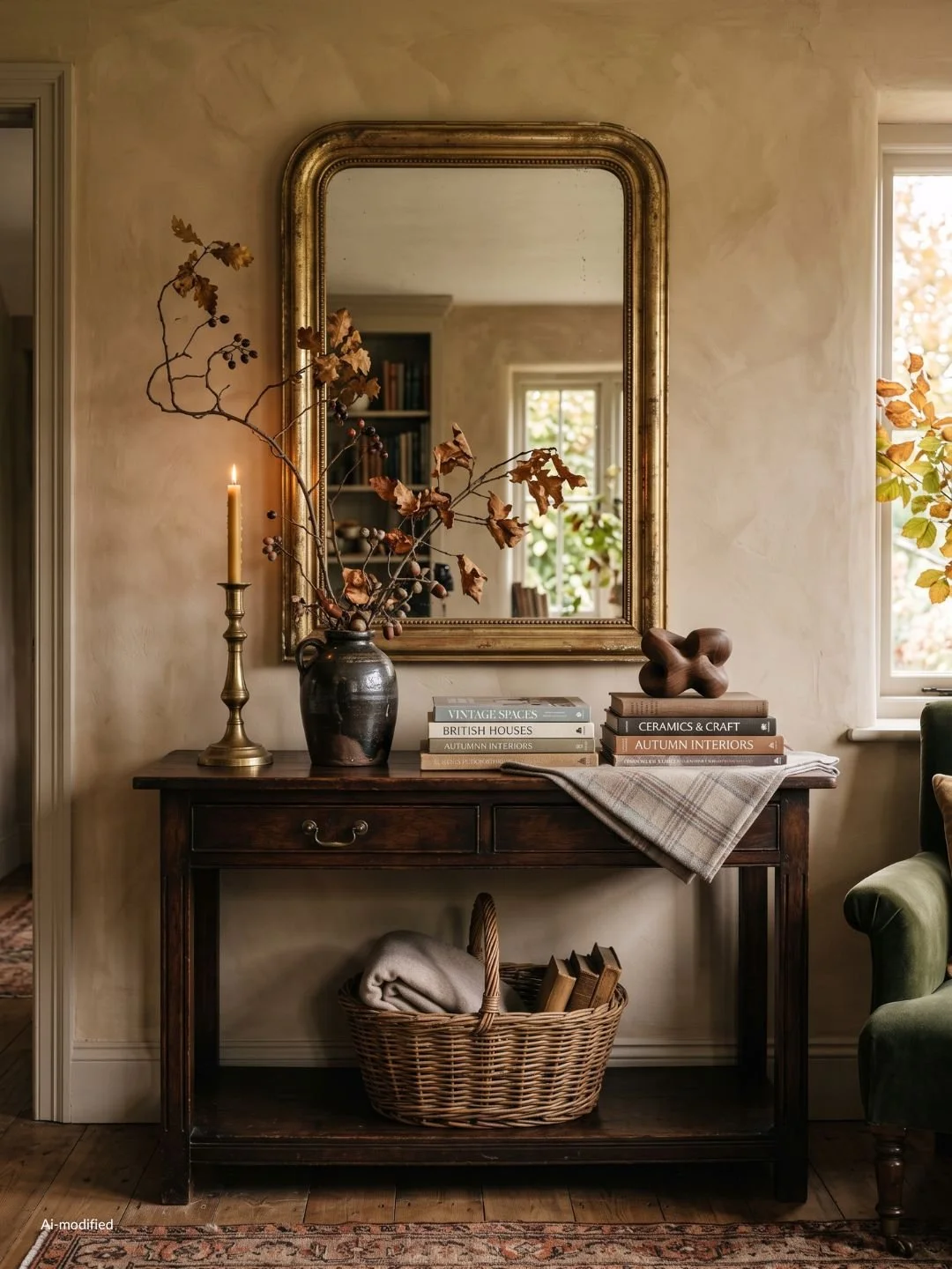 entry console decorated with fall materials