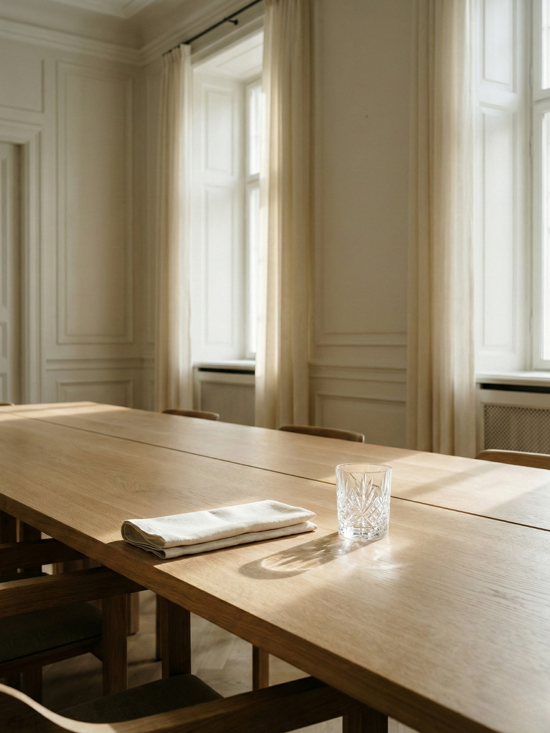 Wooden table with a linen table cloth and water glass