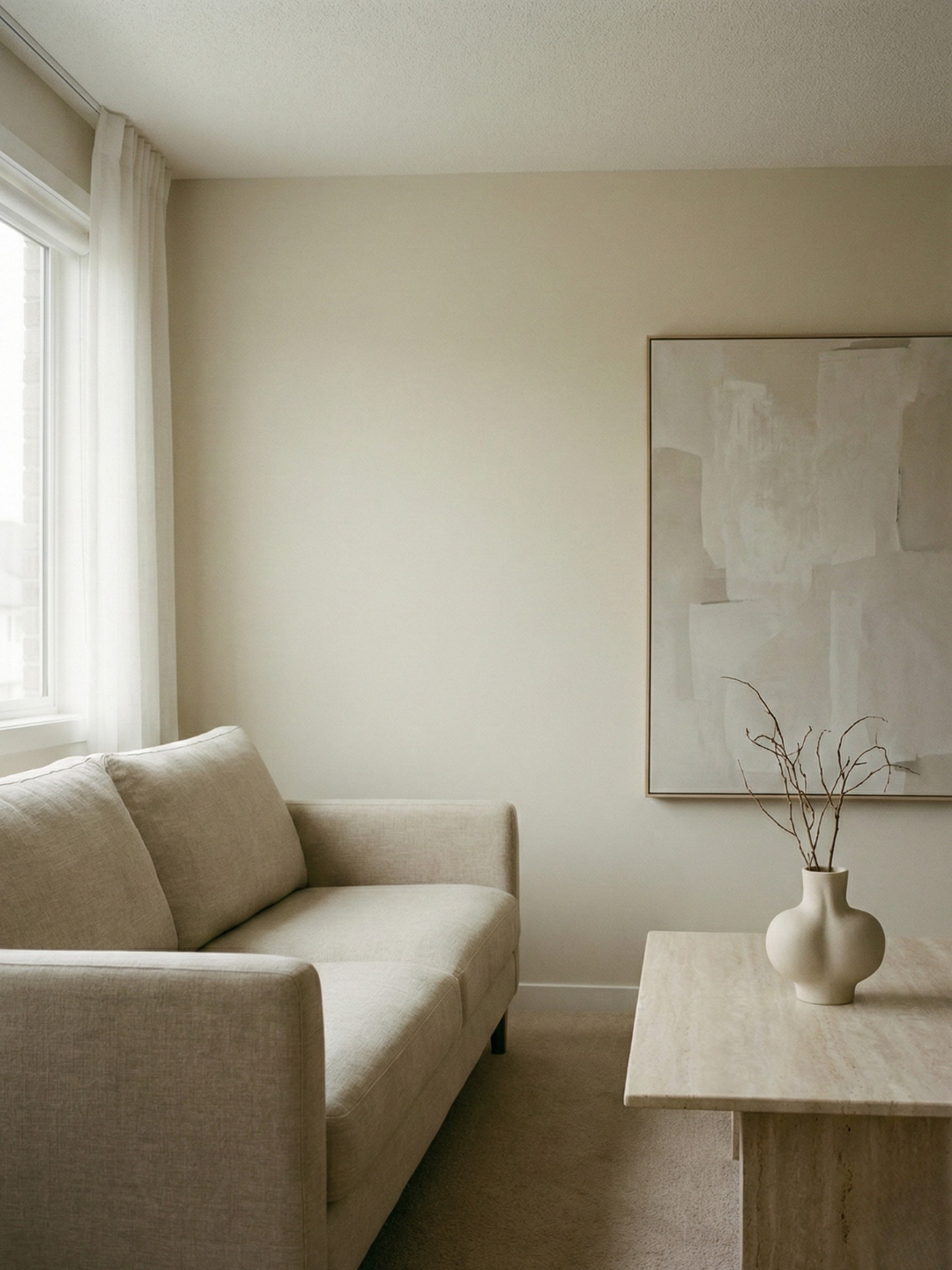 beige living room with linen sofa and marble table