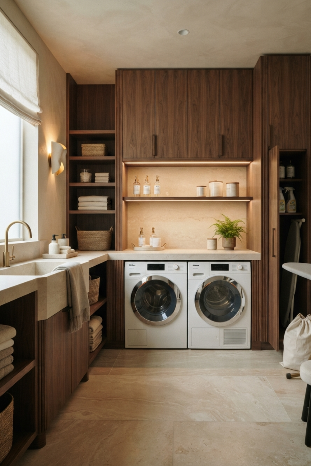 Laundry Room with Walnut Cabinetry and Beige Walls