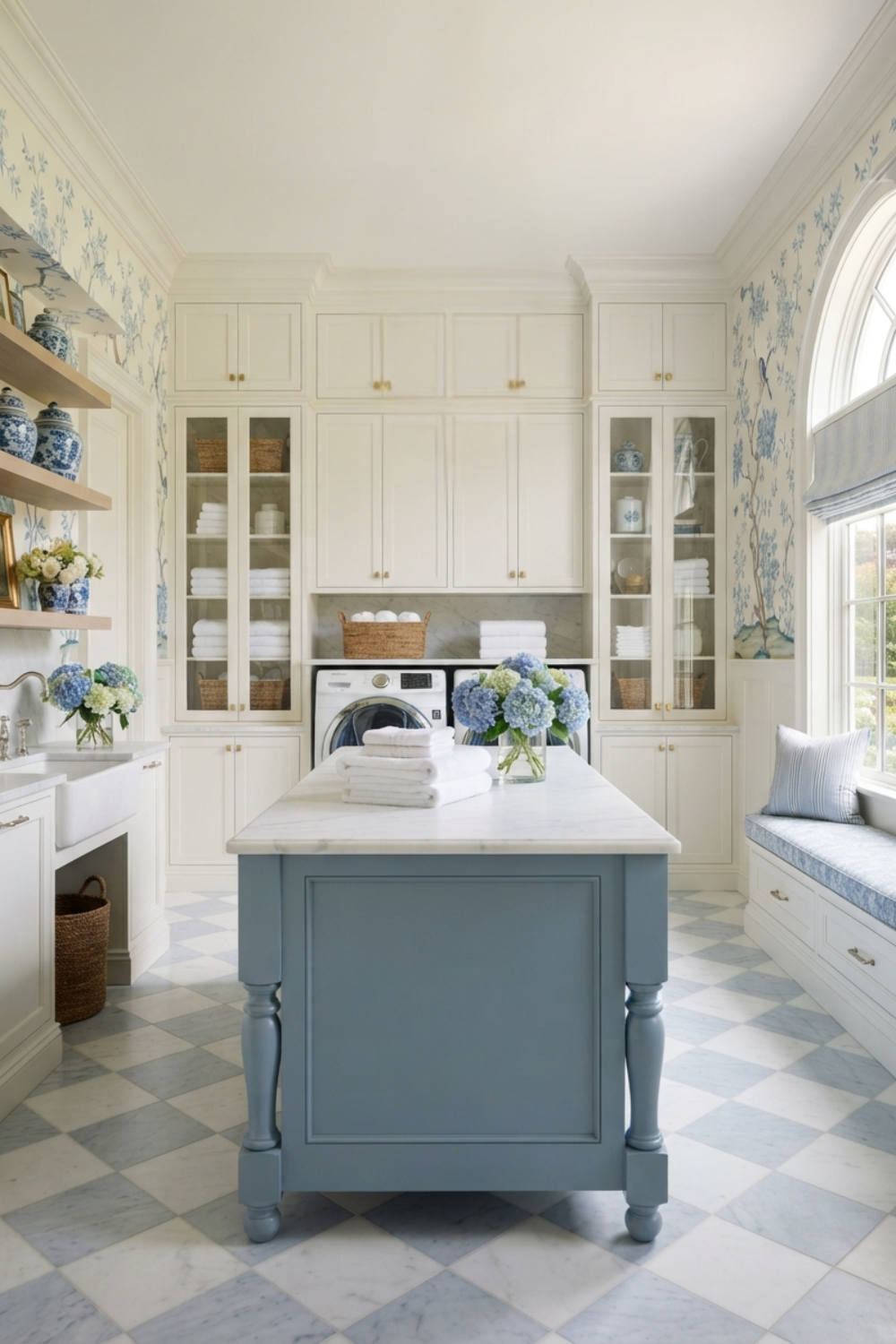 Romantic Laundry Room in White and dusty blue