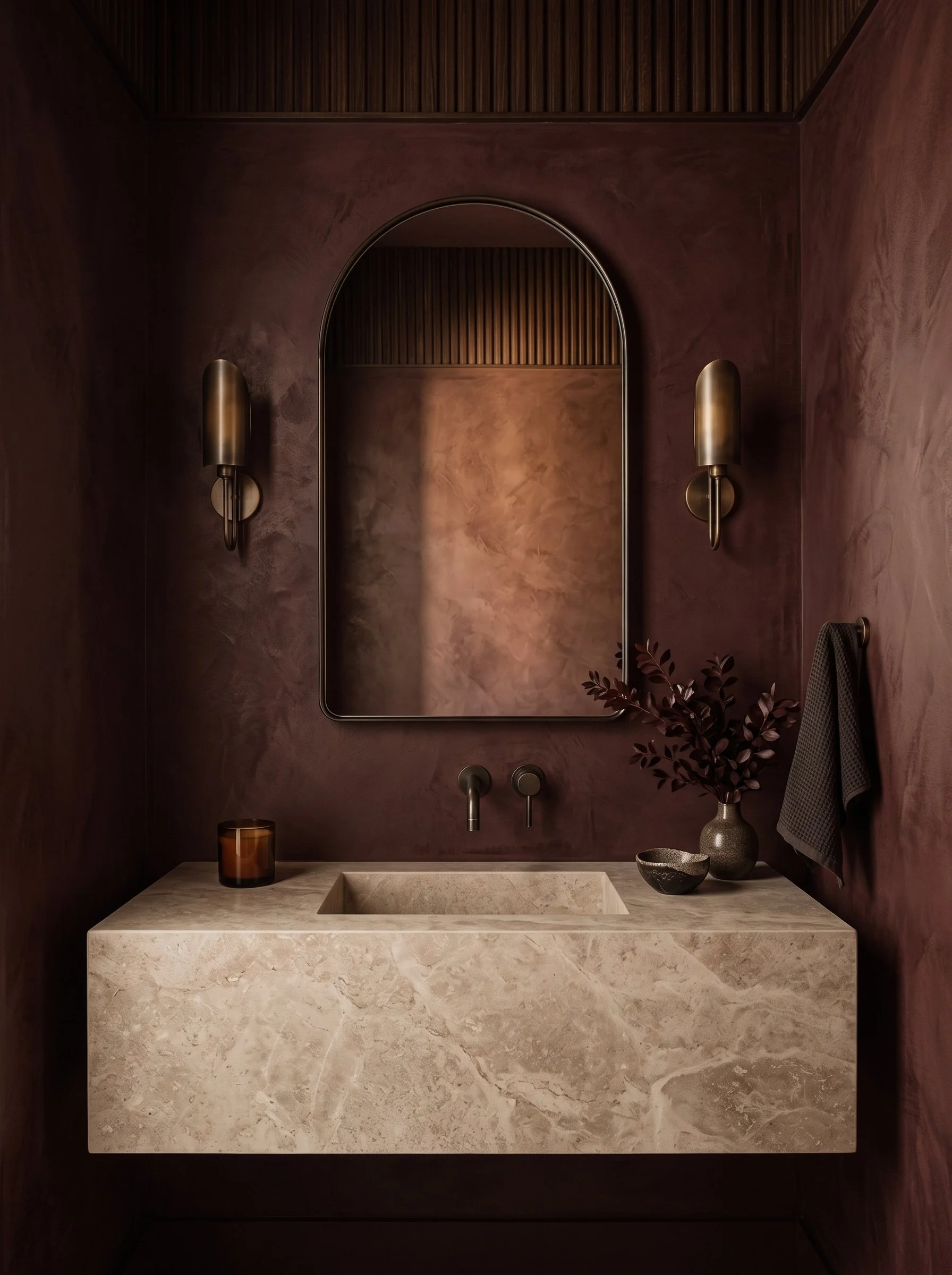 Powder Room color drenched in deep burgundy plaster