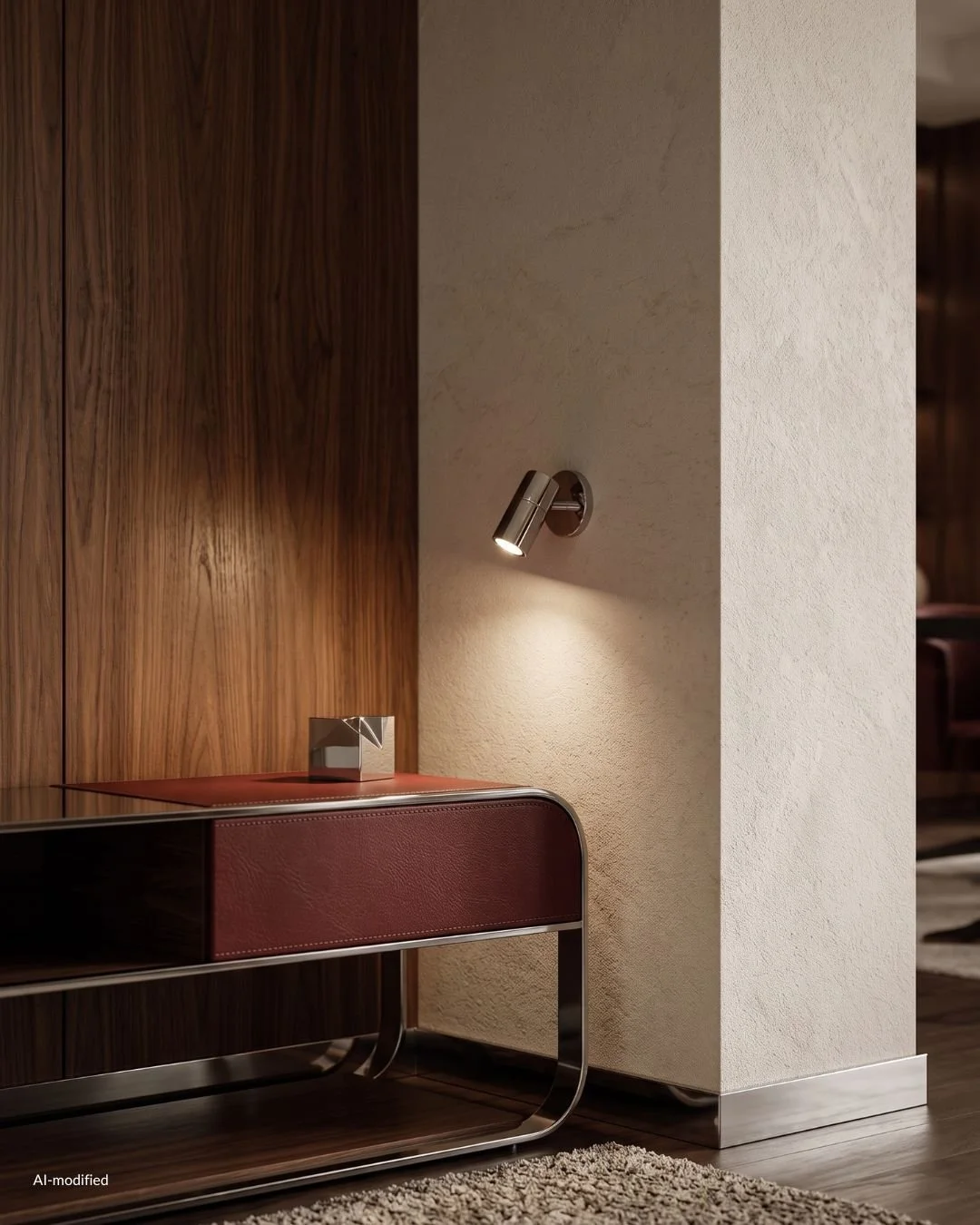 chrome red leather bench in front of walnut wall
