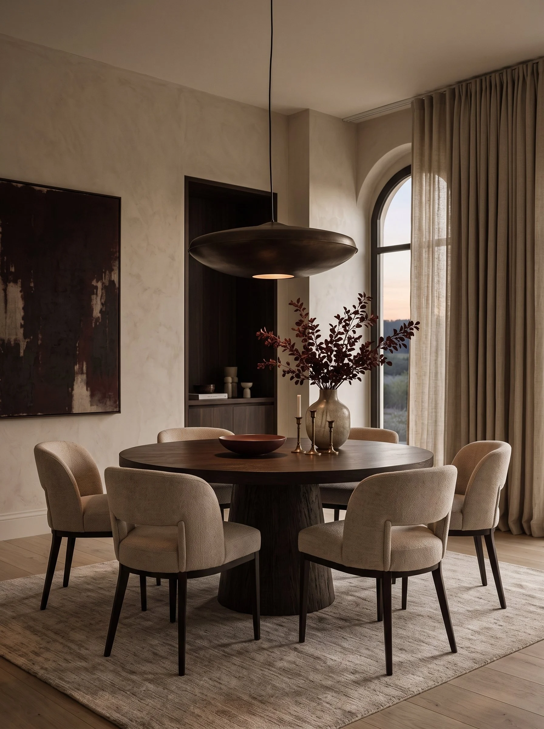 Elegant Neutral Dining Room with burgundy wall art and flowers