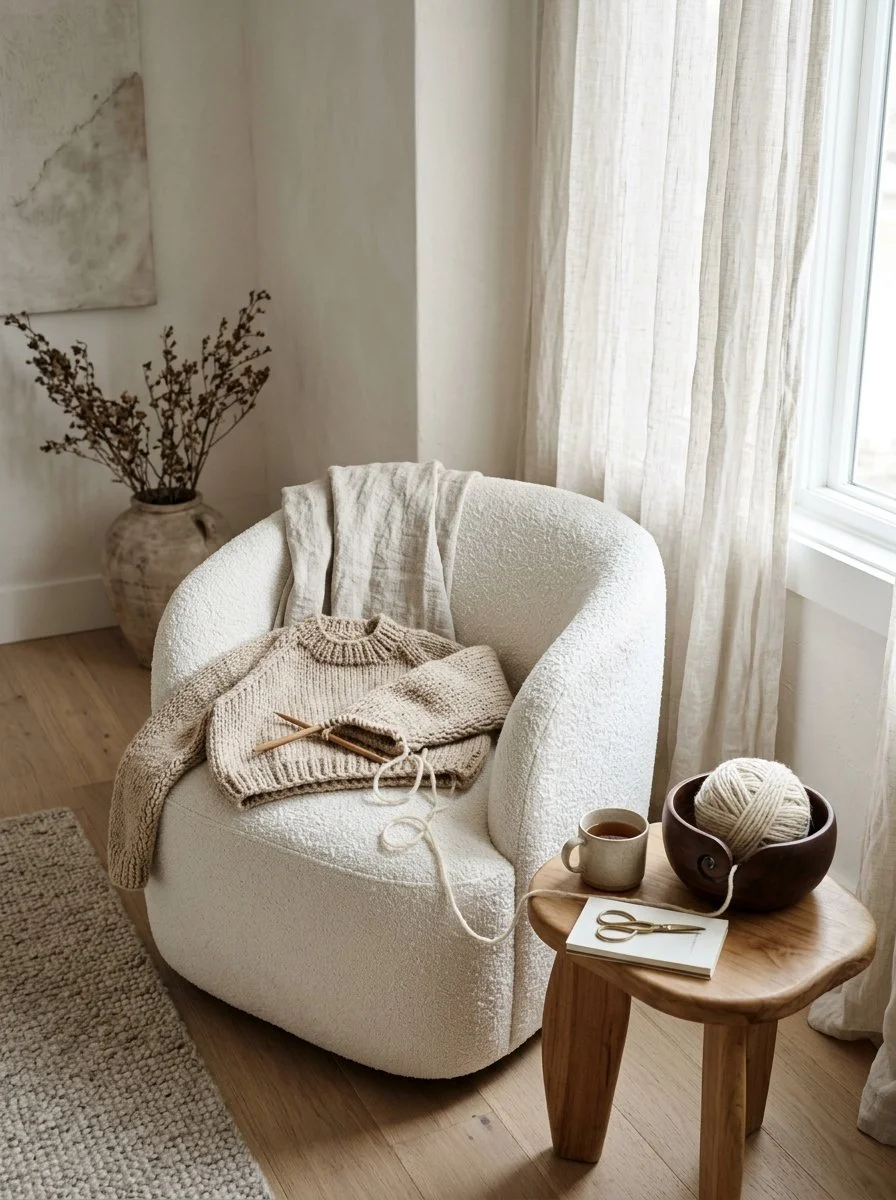 cozy boucle chair with knitted sweater in progress knitting git ideas