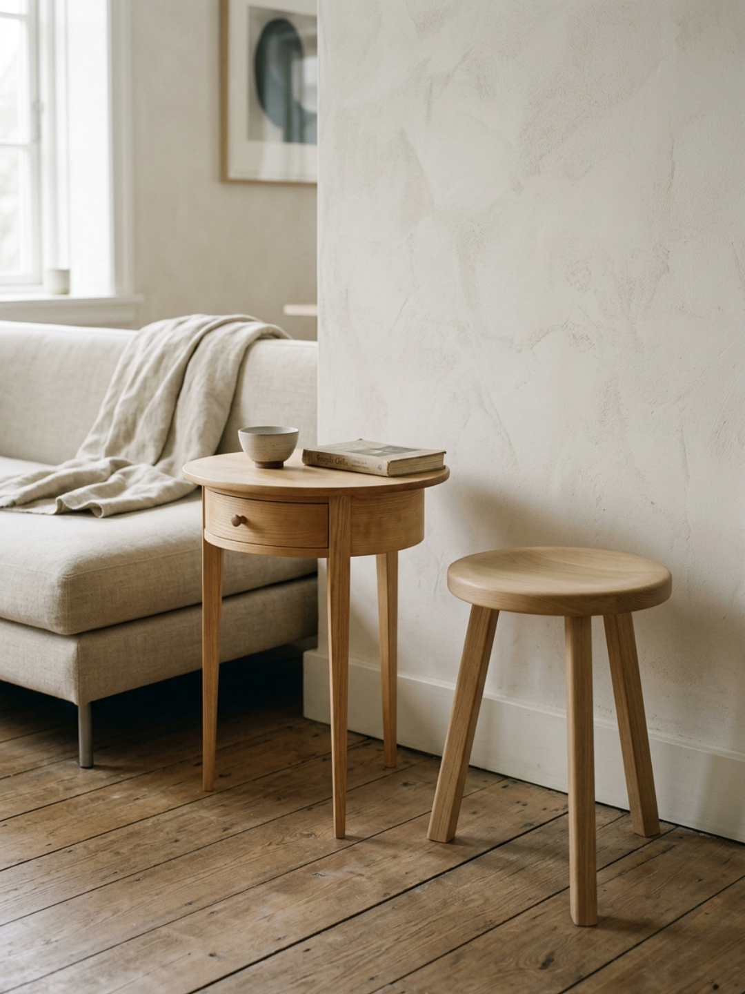 Creme living room plaster wall with a light wooden coffee table and stool net to a cream linen sofa