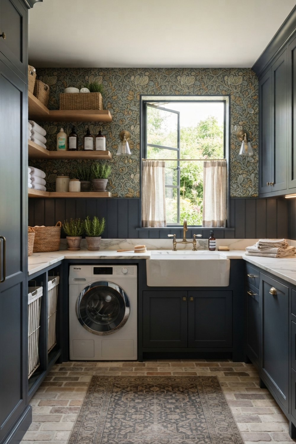 English style navy blue laundry room with colorful floral wallpaper