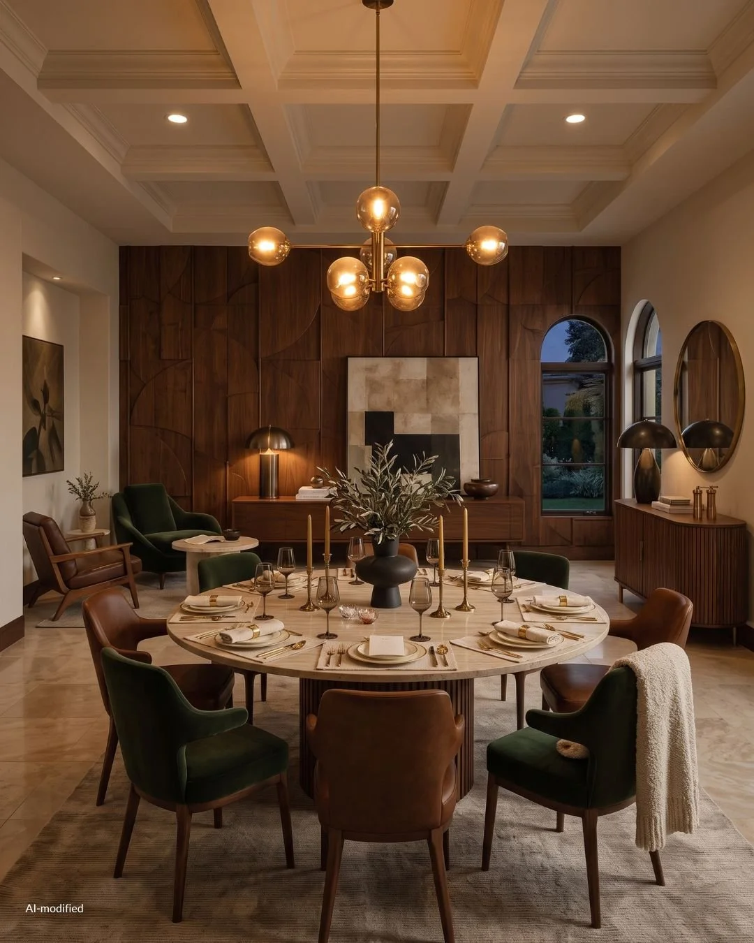 mcm dining room with fully styled round table