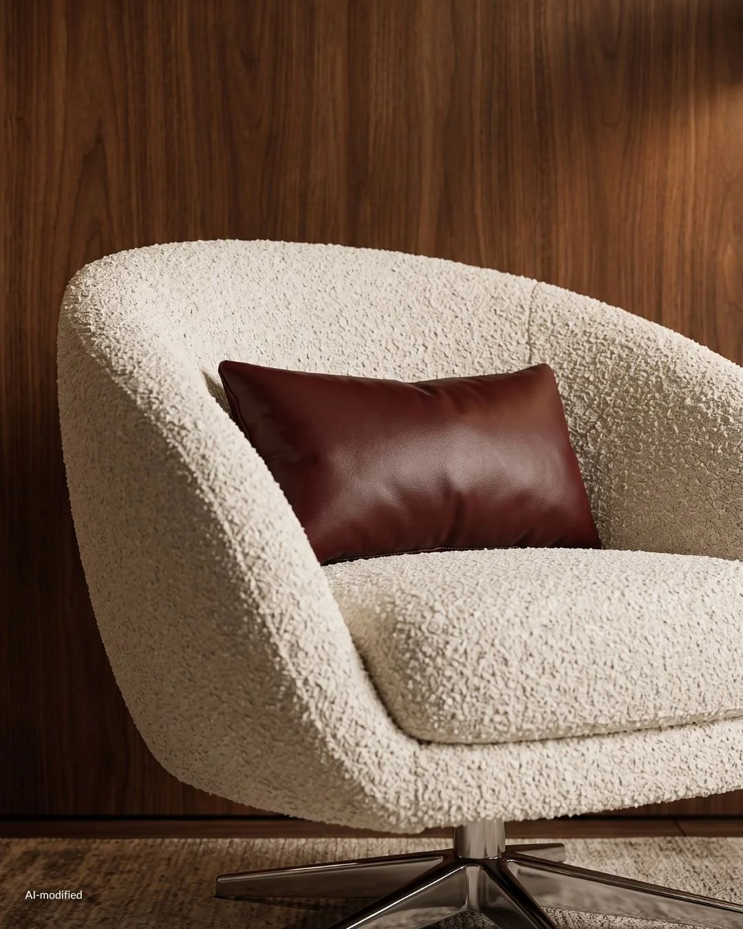 white boucle swivel chair with dark red leather pillow