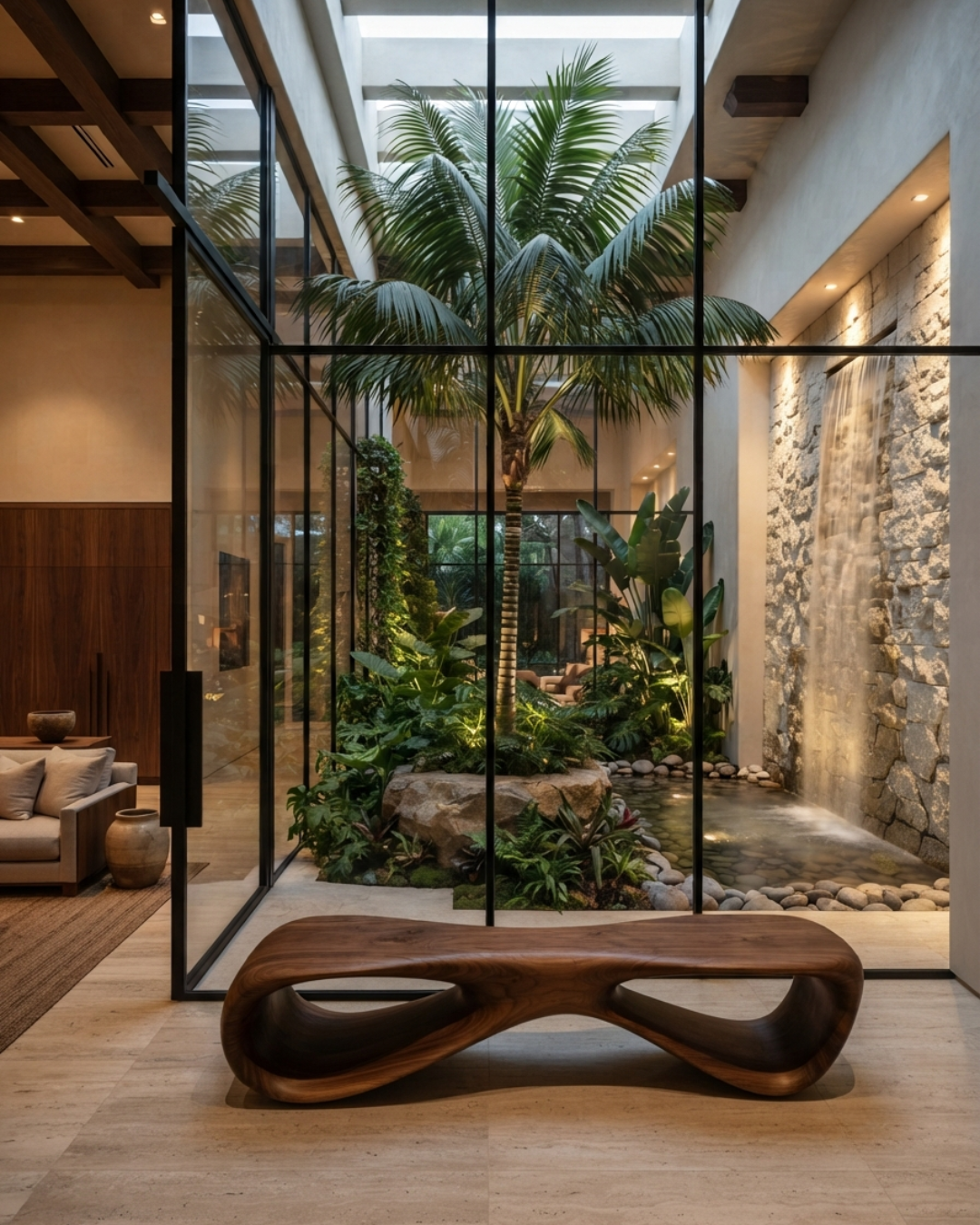luxury indoor garden with waterfall and palm tree