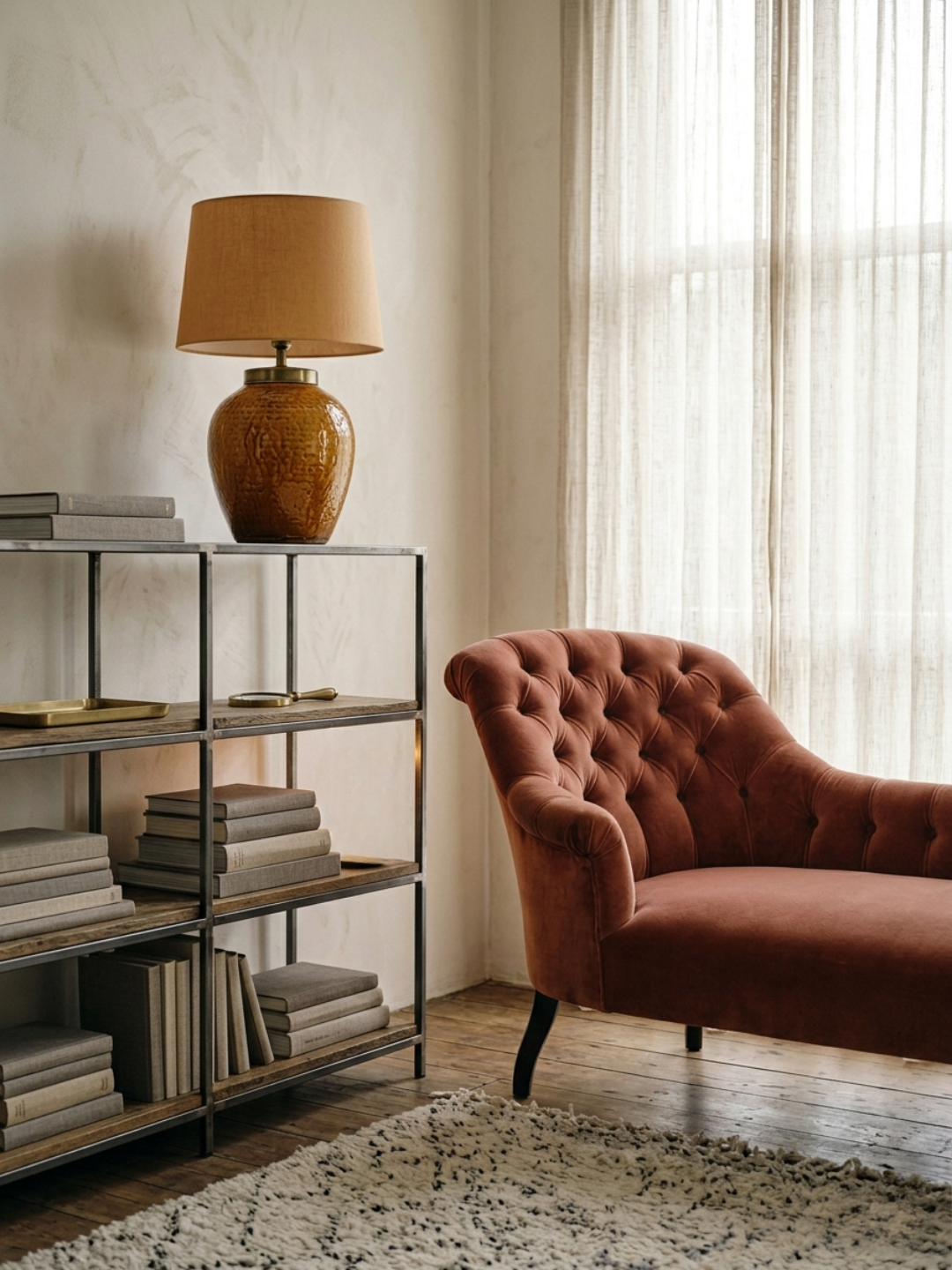 Chaiselongue in front of window next to an industrial style shelve with books