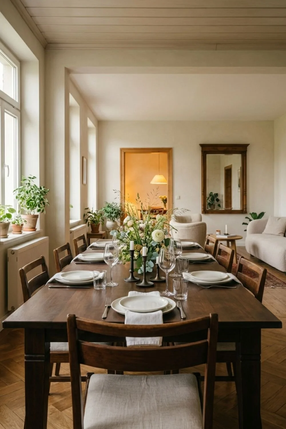 living space with beautifully set dining table for guests