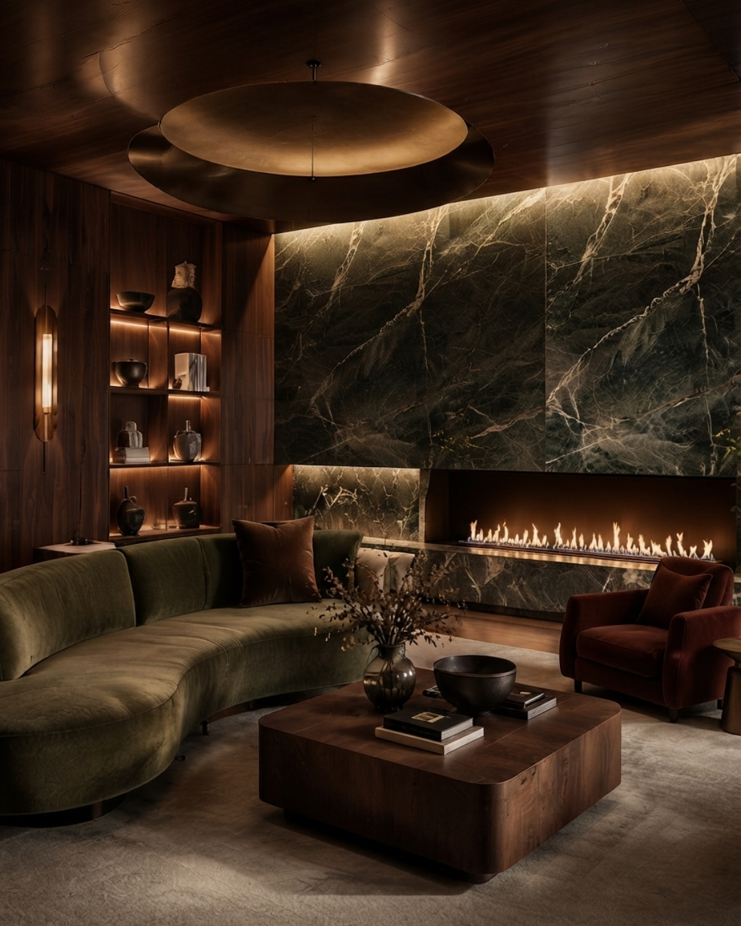 Green marble walnut styled living room with large fireplace mid century modern design