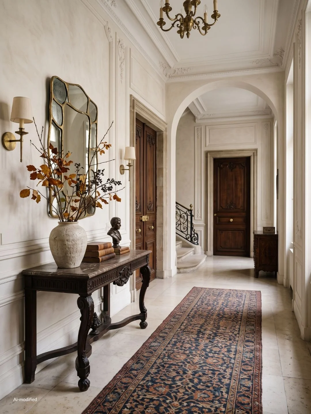 elegant entry hall with cream walls and decorative branches