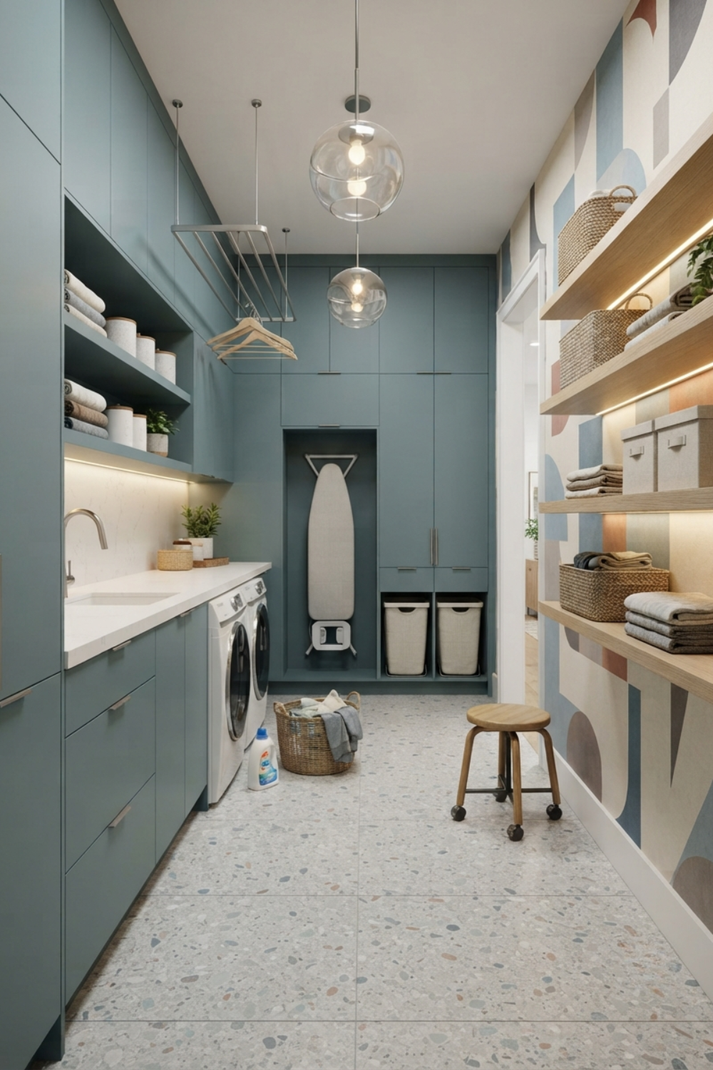 modern contemporary laundry room with mineral blue cabinetry and terrazzo floor