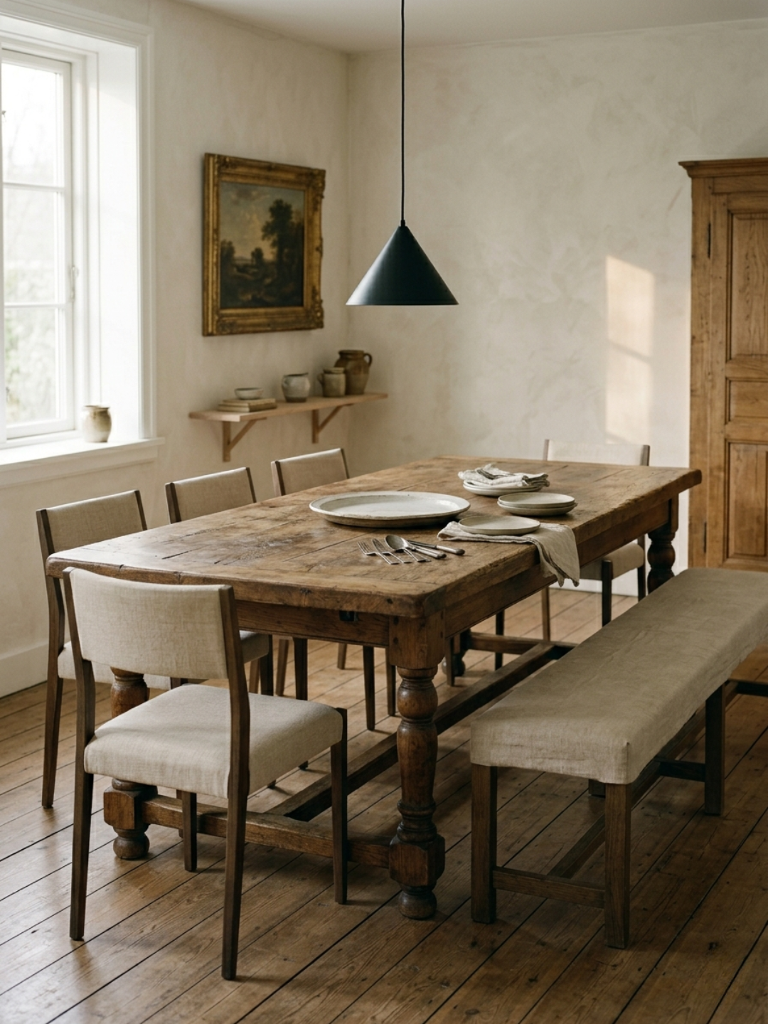 rustic wooden dining table with linen upholsters chairs