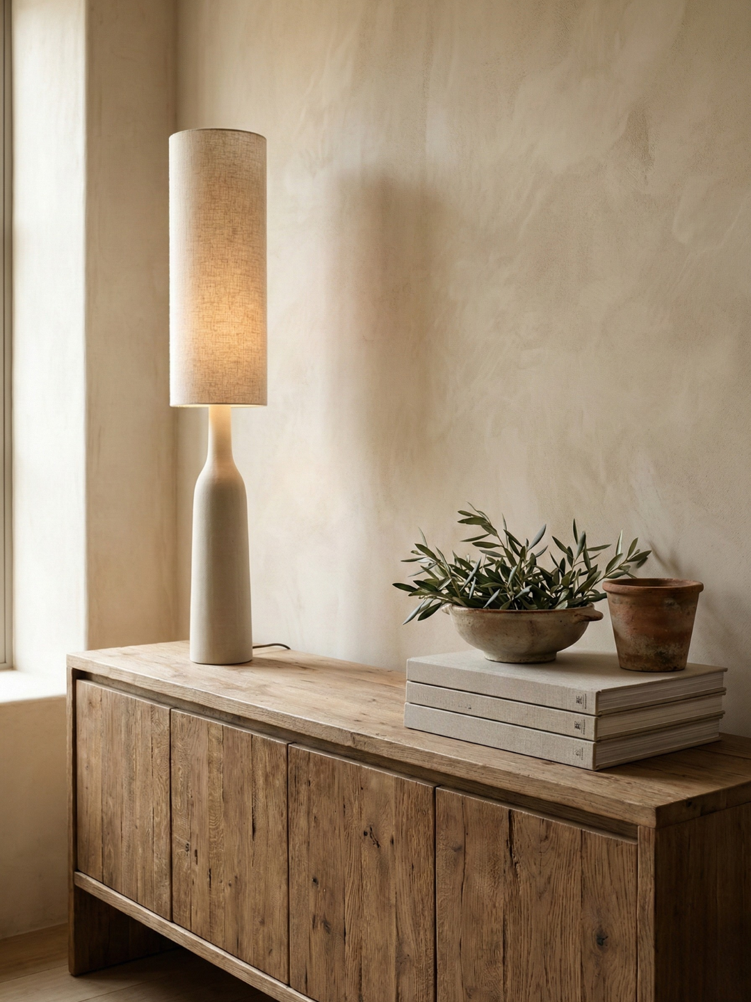 wooden sideboard with a lamp and 3 books