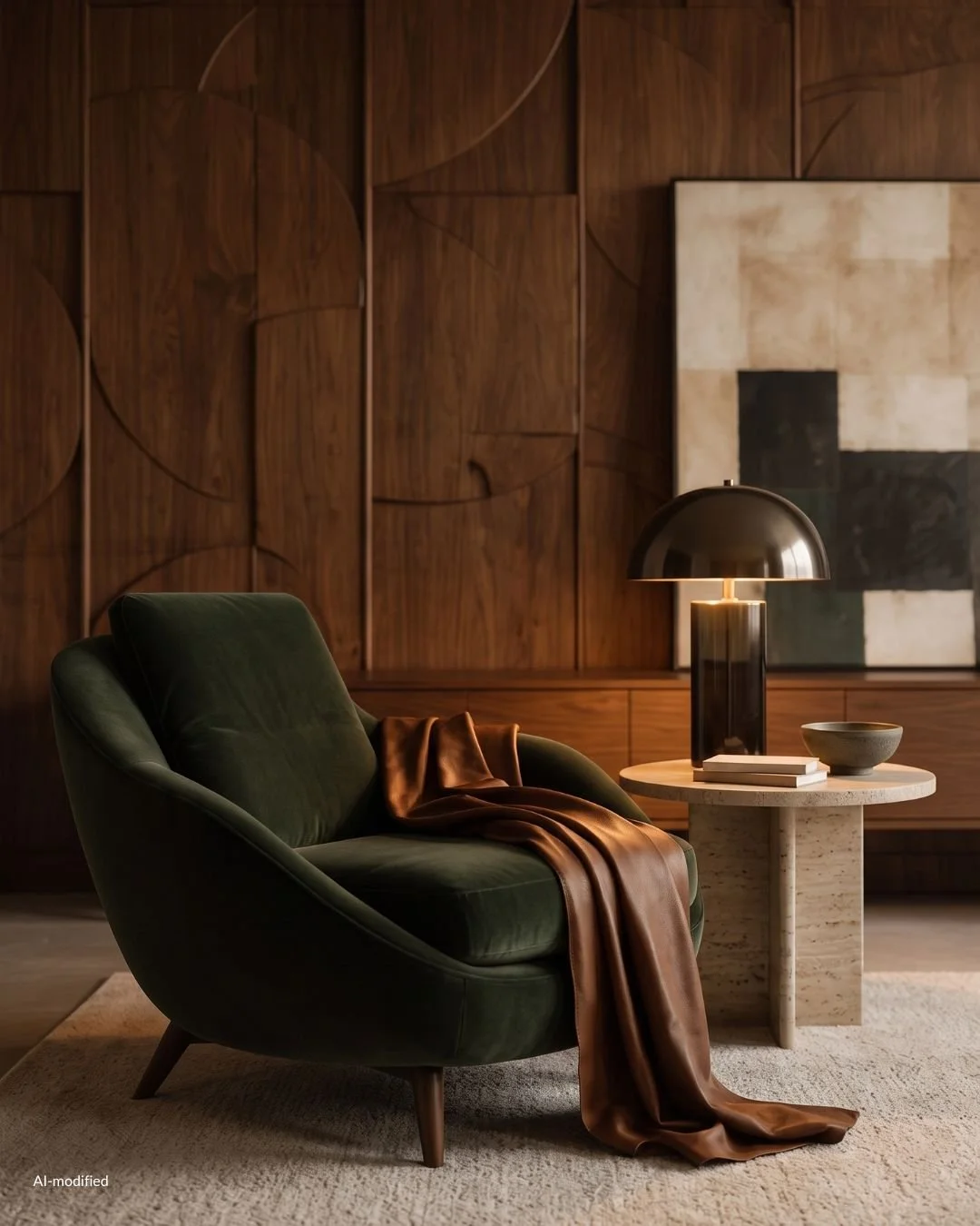 walnut panelling walls and dark green chair