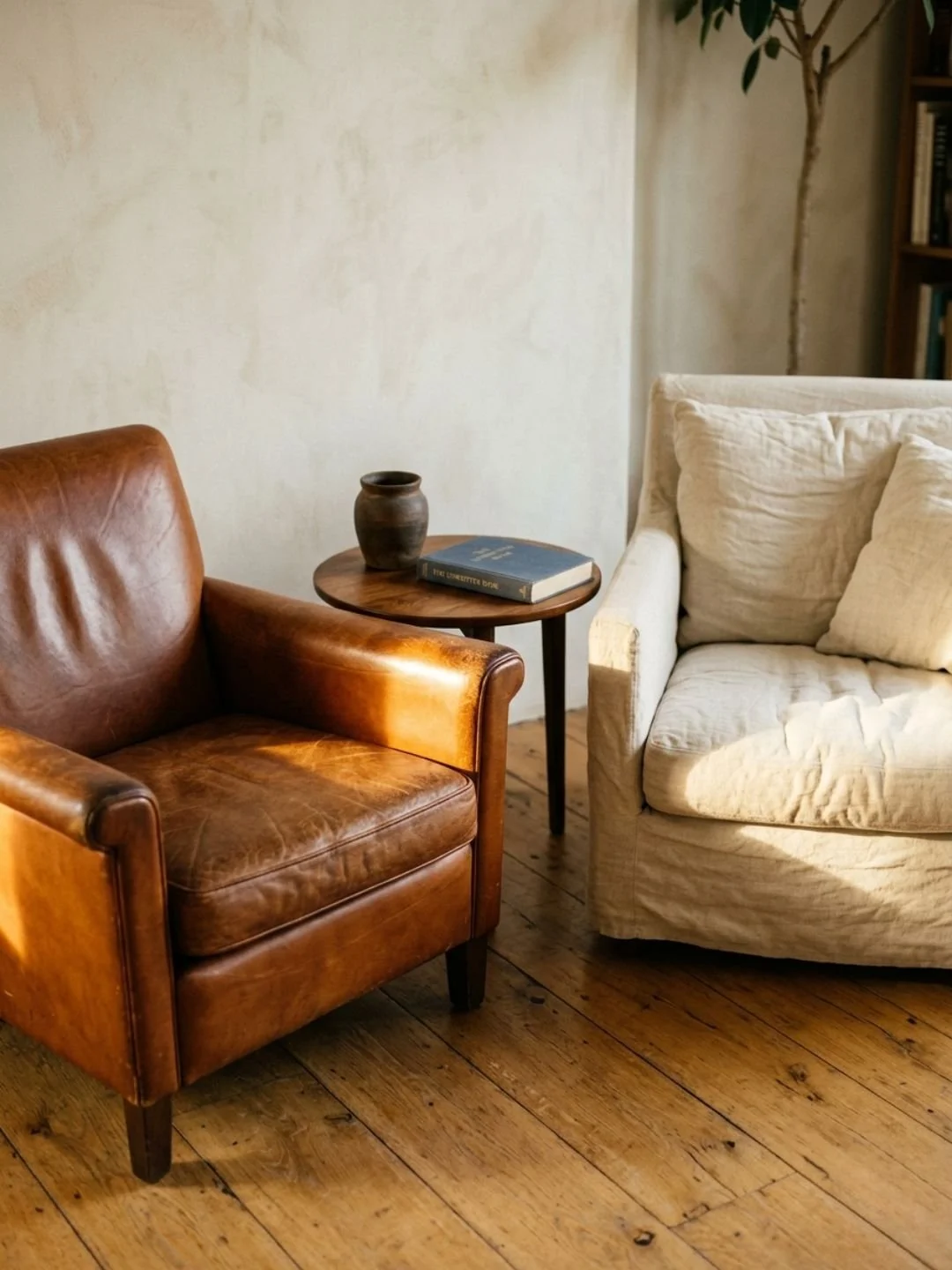 Two chairs with a small coffee table between them