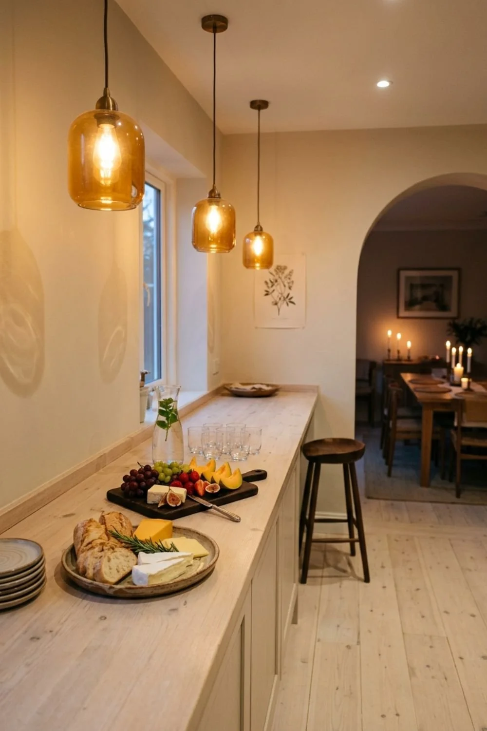 kitchen counter showing fruit and cheese platter for guests