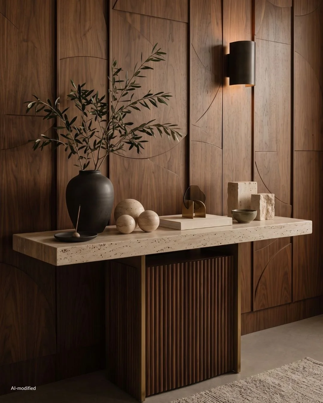 walnut travertine credenza with decor elements