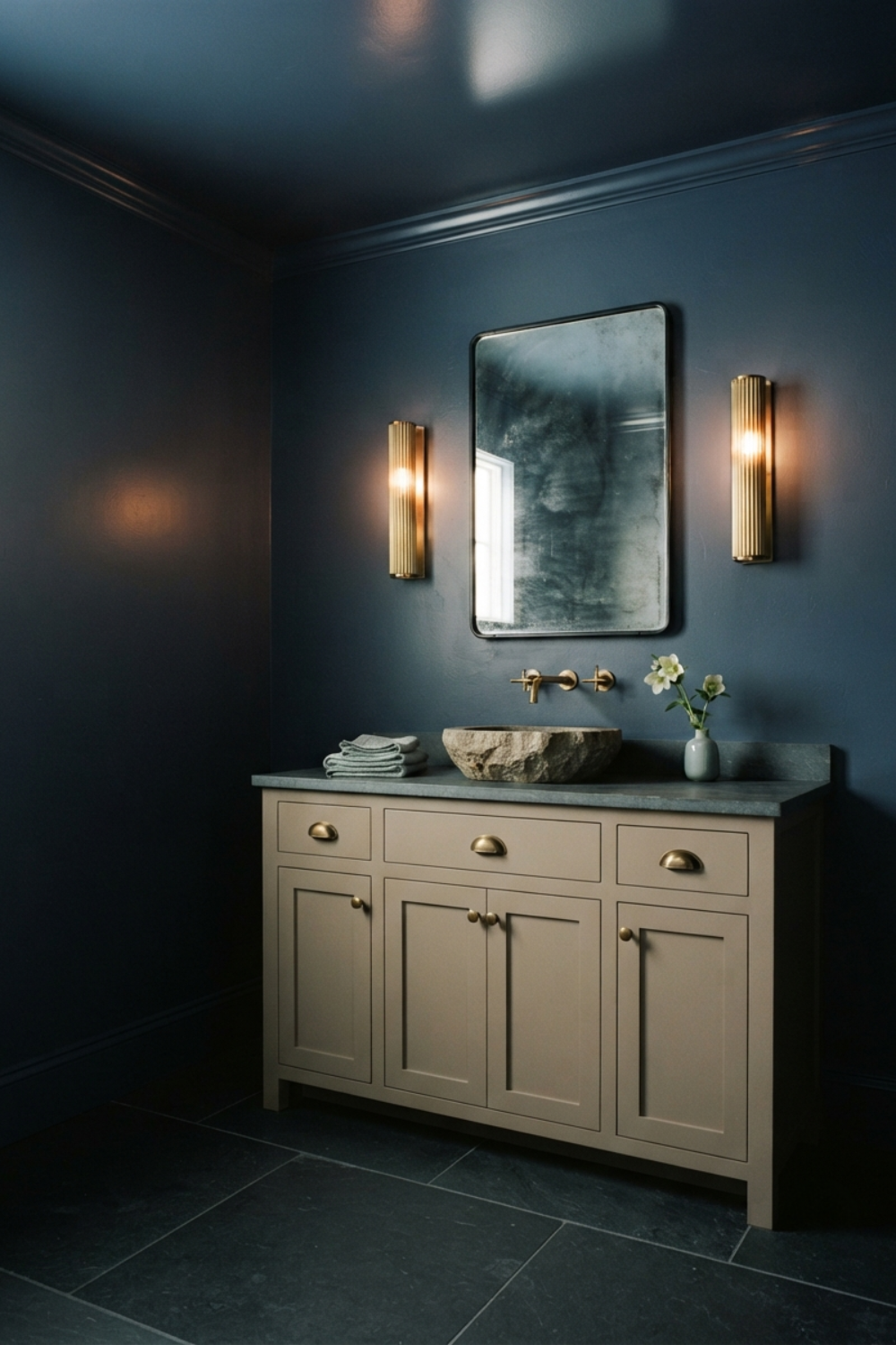 powder room color drenched in Sherwin Williams naval dark navy blue