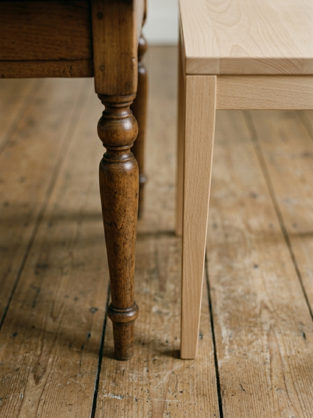 two wooden coffee tables showing different design areas