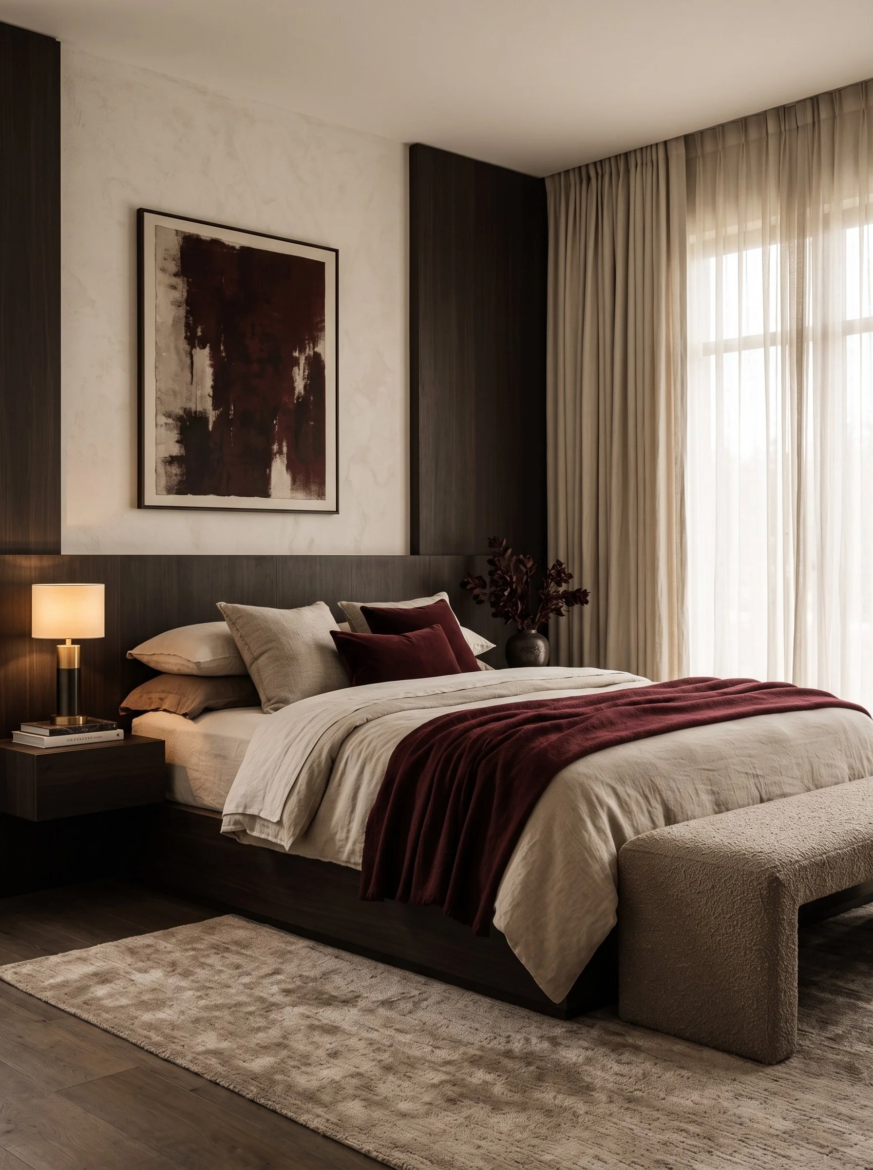 Neutral Elegant Bedroom styled with burgundy accents
