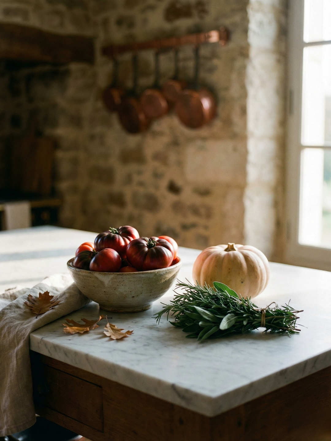 Kitchen countertop with a bowl of tomatoes, a pumpkin and herbs