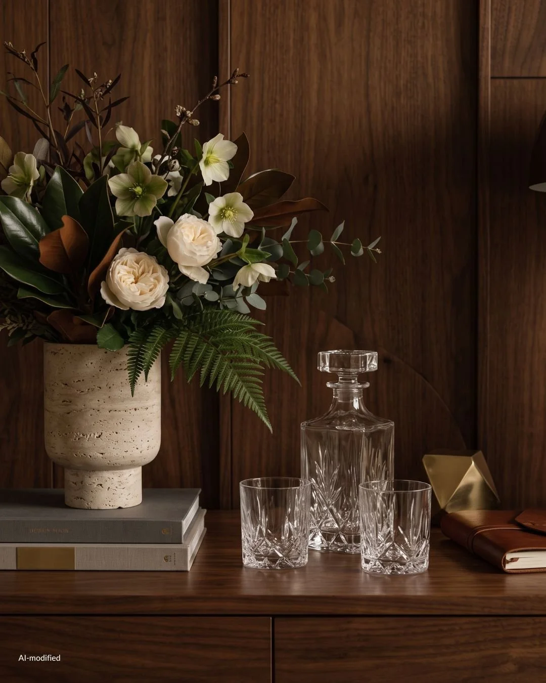 walnut sideboard with glasses books and a vase with flowers