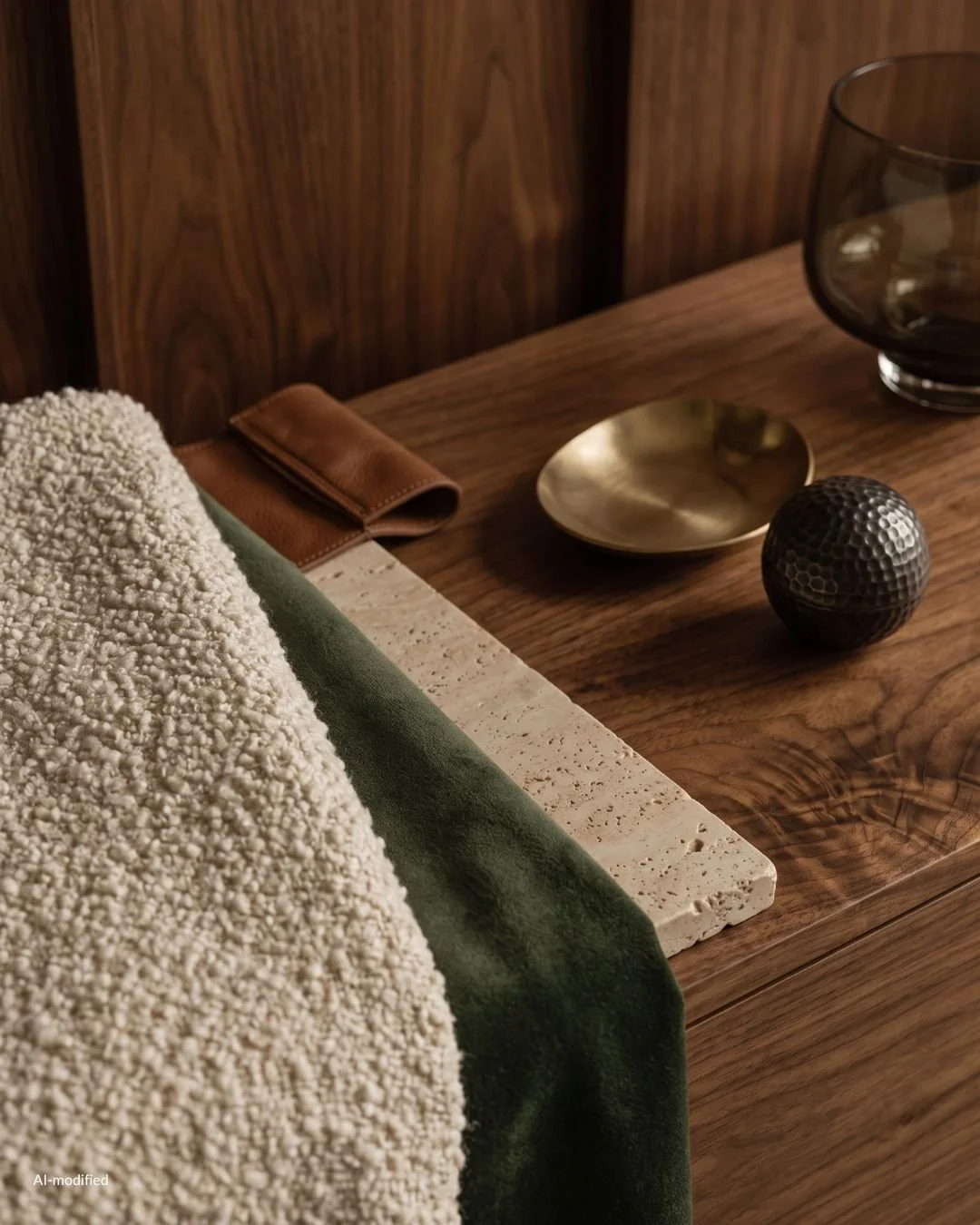 MCM materials including walnut, travertine, leather and boucle