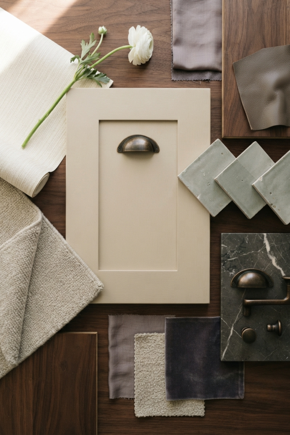 interior design materials flat lay for sherwin Williams natural linen