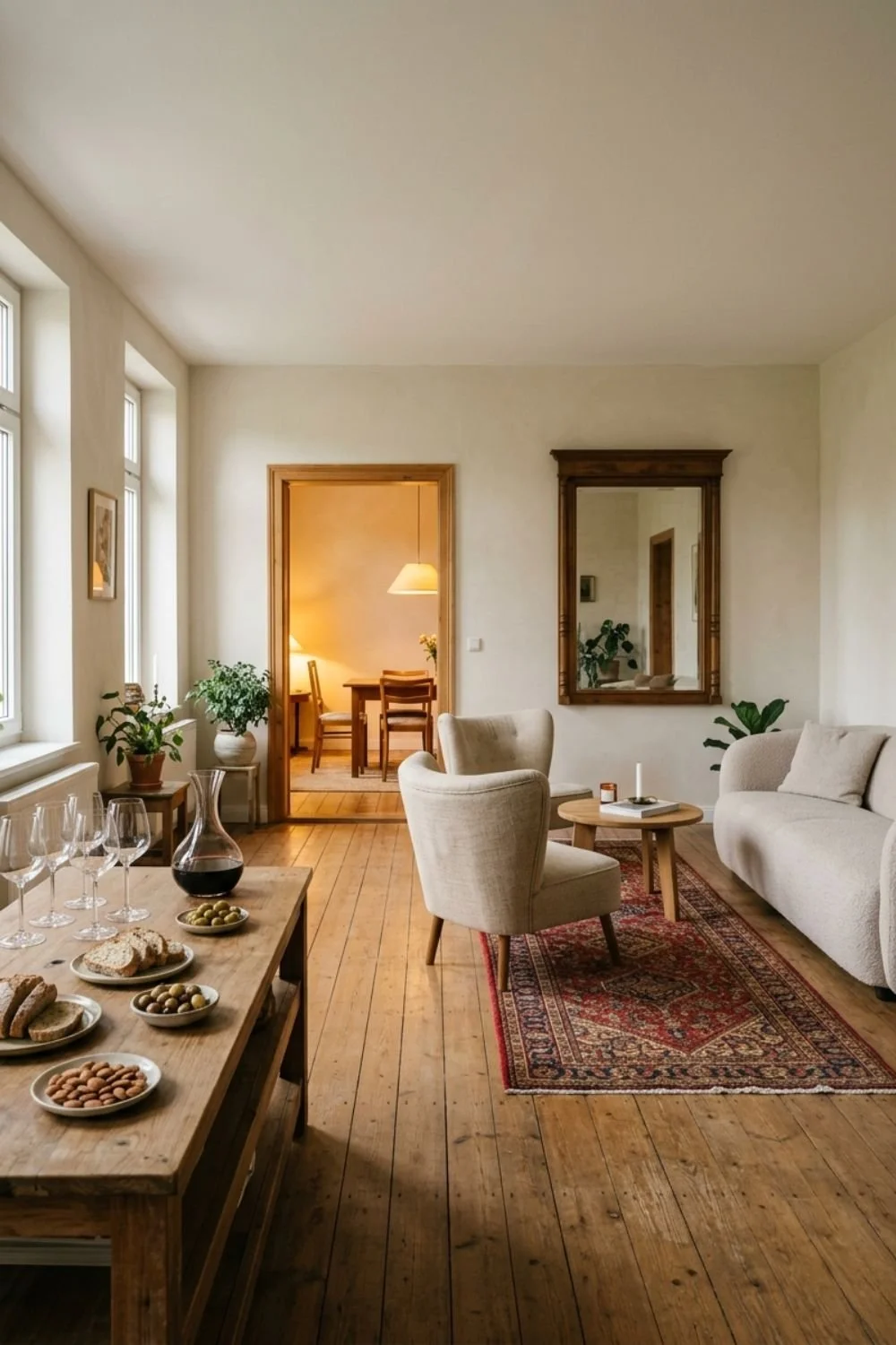 living room prepared for guest arrival showing a table with snacks and drinks